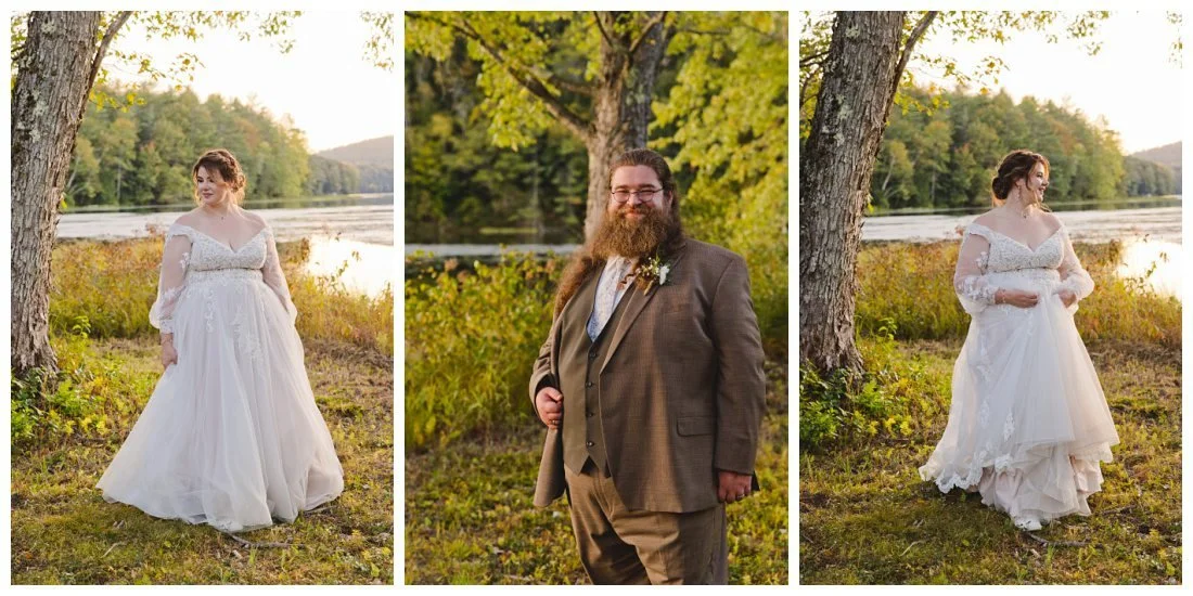 separate photos of bride and groom in the golden hour light with lake behind them