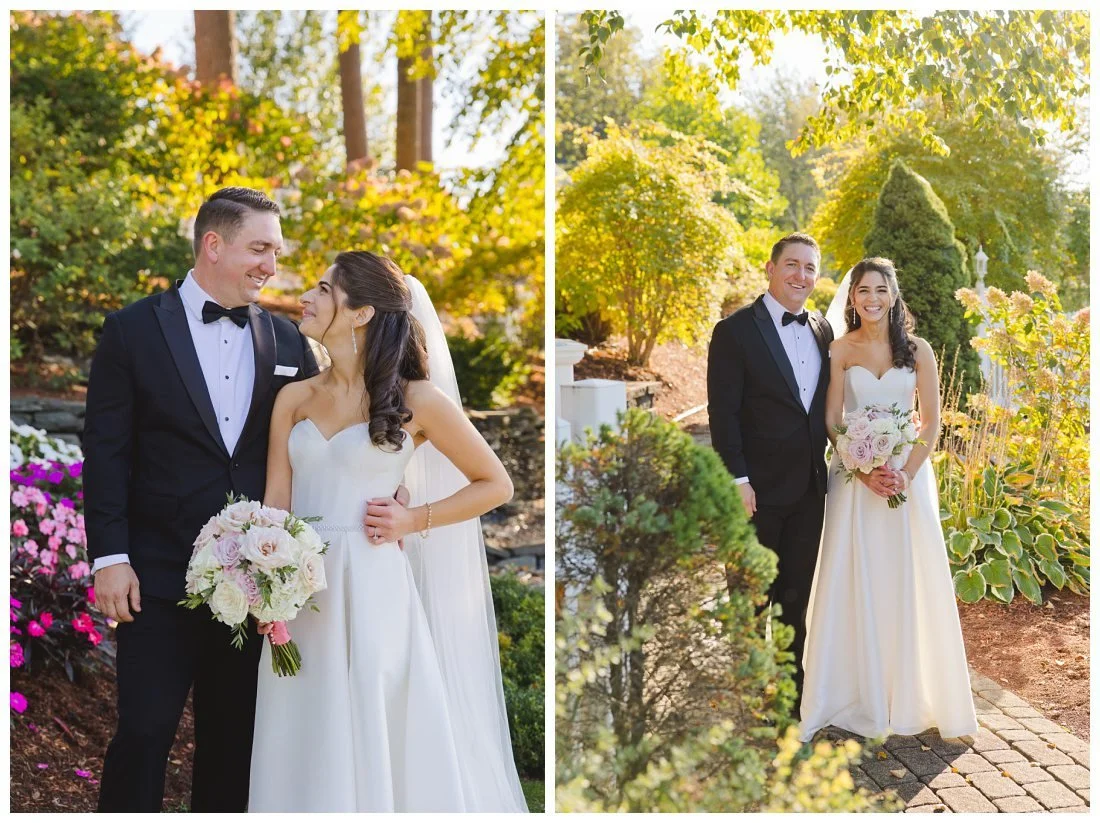 bride and groom photos with light glowing behind them on pathway with greenery surrounding them