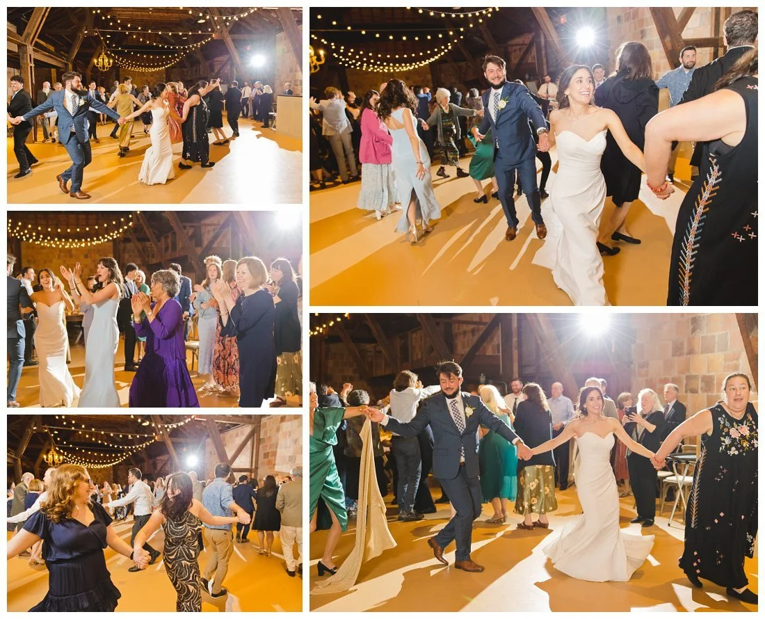 wedding couple and all their guests hold hands and dance in circles for the hora