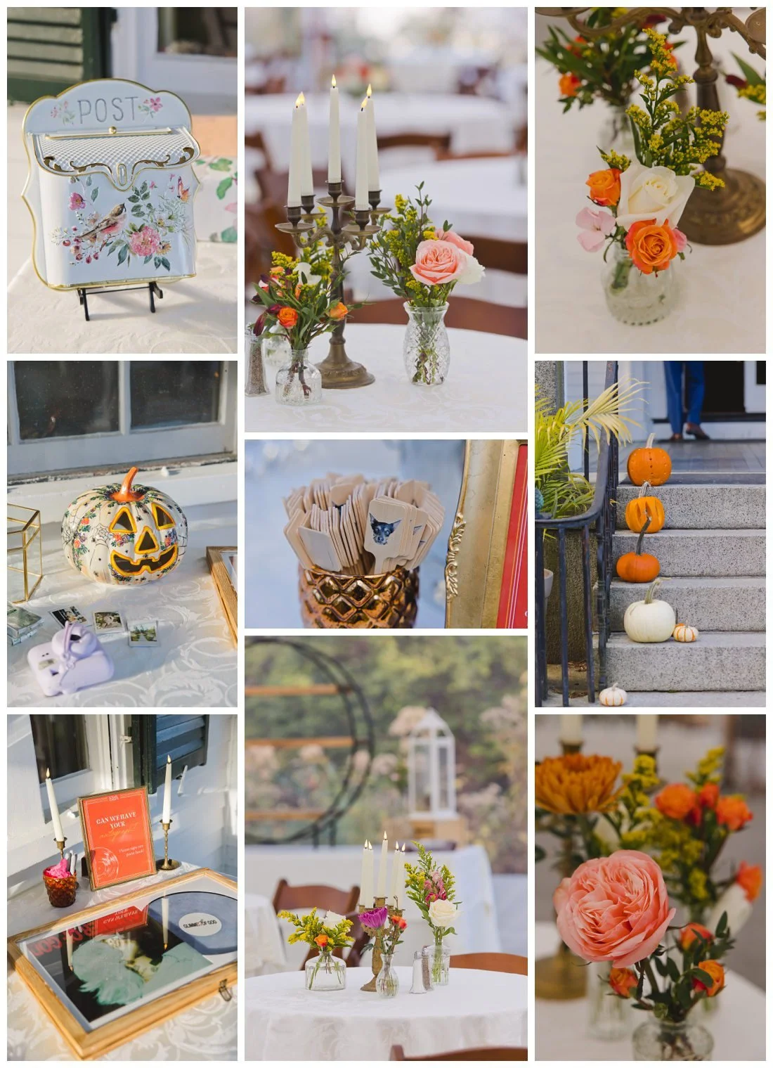 wedding details including carved pumpkins, candelabras, pink and orange bud vases, record as guest sign in