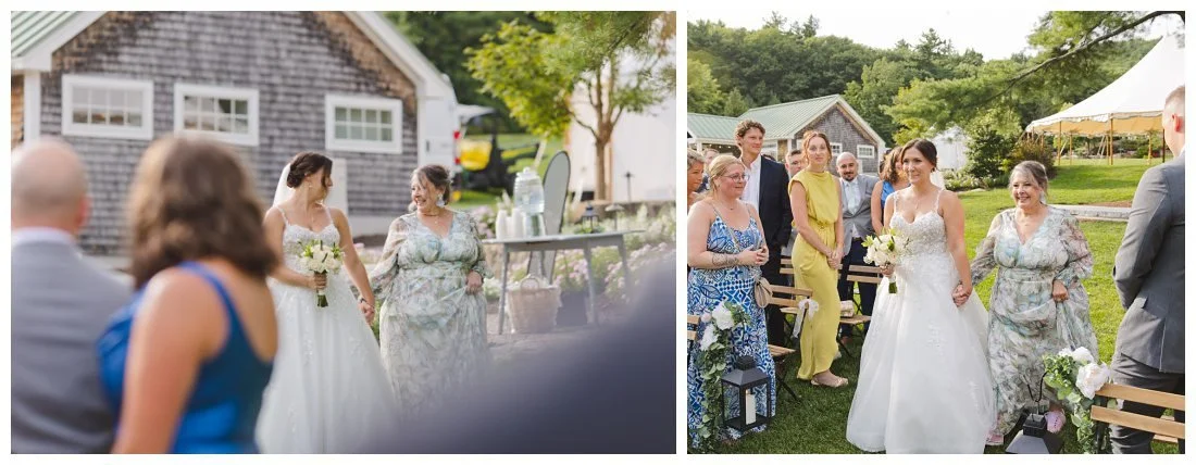 bride gets emotional while walking down the aisle with her mom