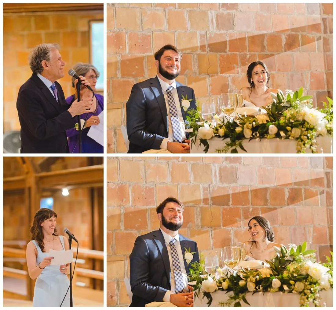 wedding toasts with bride's father and sister and the couple laughs