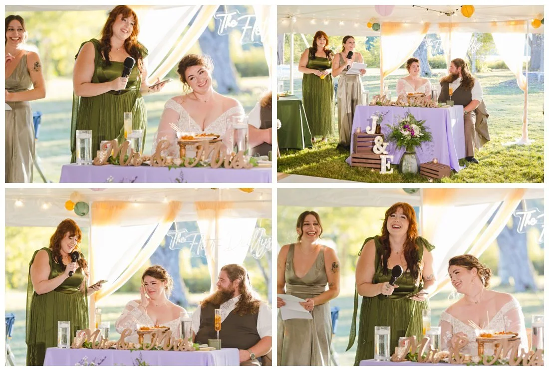 liz laughs and cries while her sister gives wedding toast under the tent, with light streaming in behind them