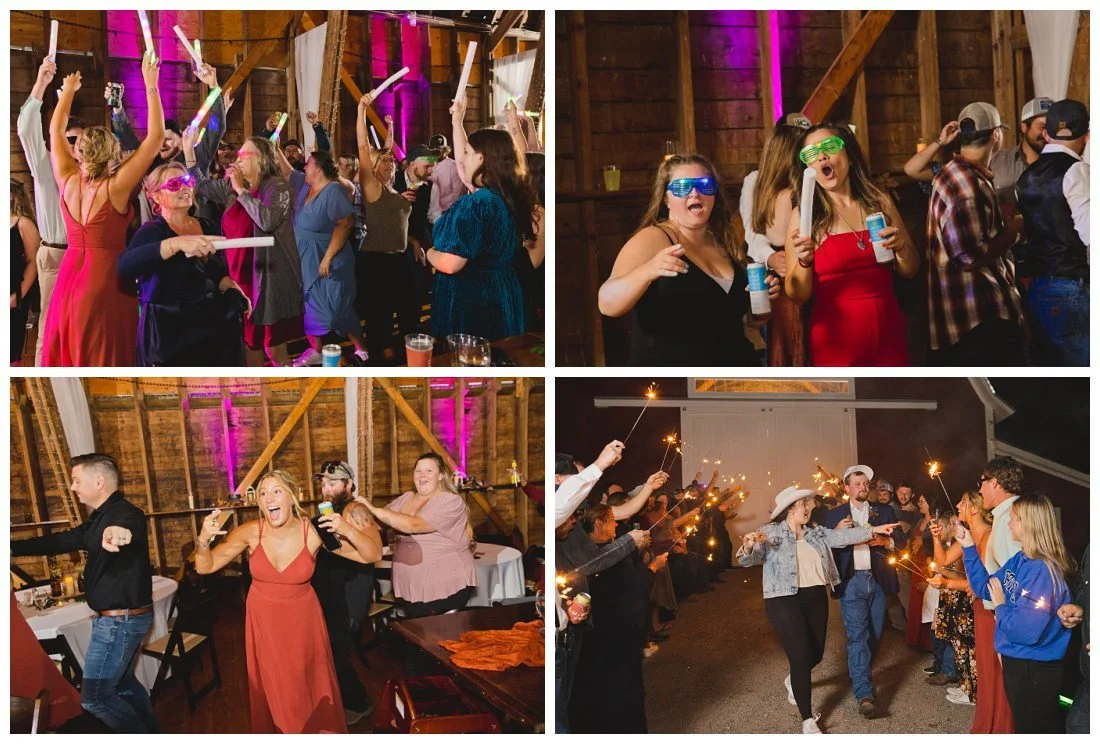 end of night dancing photos with glowsticks and fun glasses, bride and groom sparkler exit