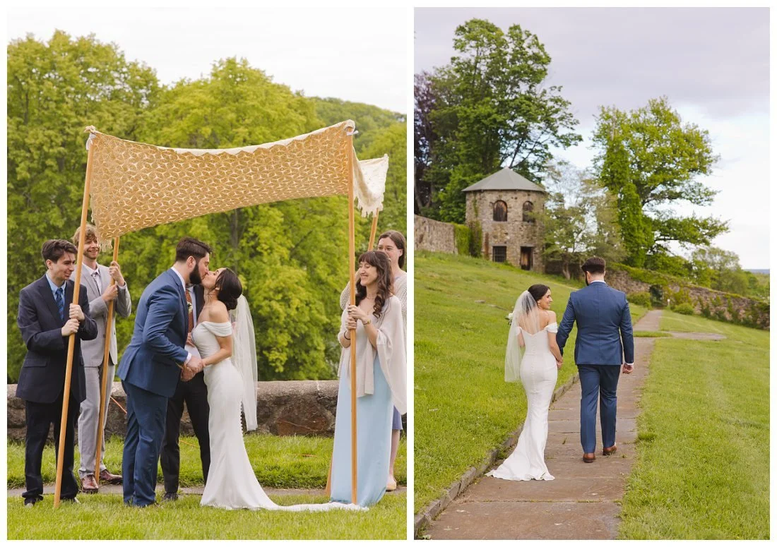 first kiss at wedding under chuppah, then bride looks back as she and groom walk away