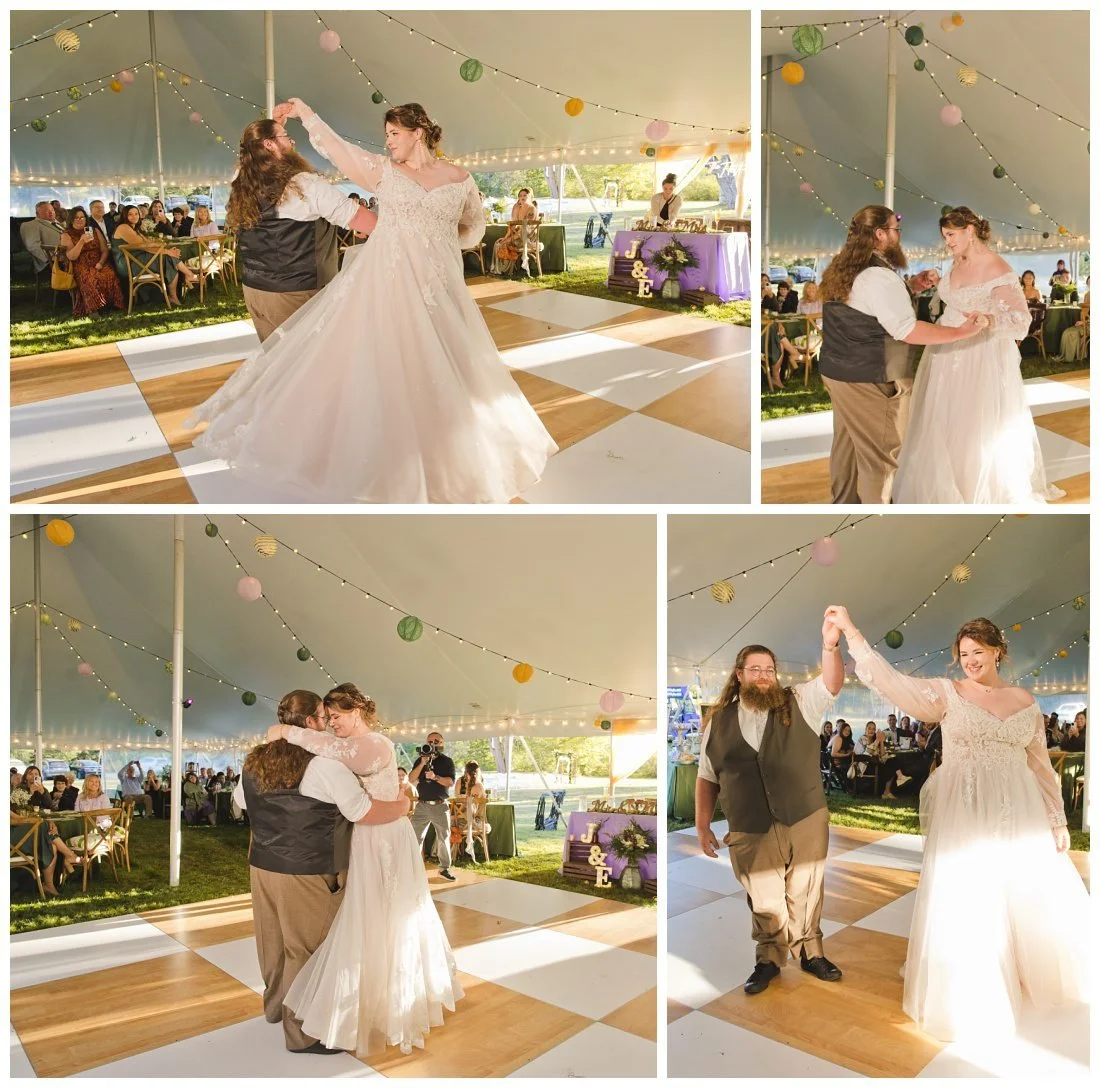 choreographed first dance - bride and groom dance under cafe lights and lanterns on checkerboard pattern dance floor