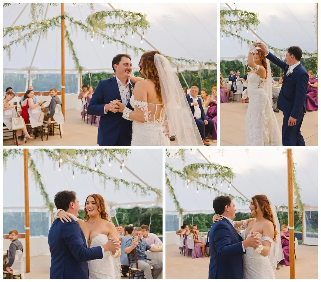 bride and groom laughing through their first dance