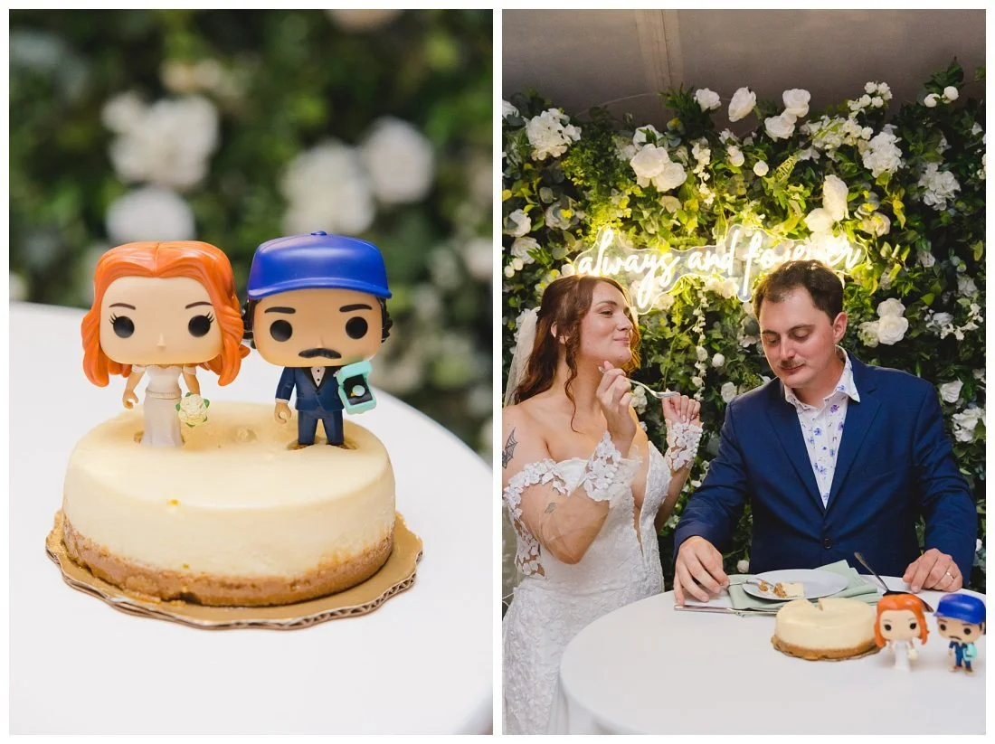 wedding cheesecake with funko pops of the bride and groom on top