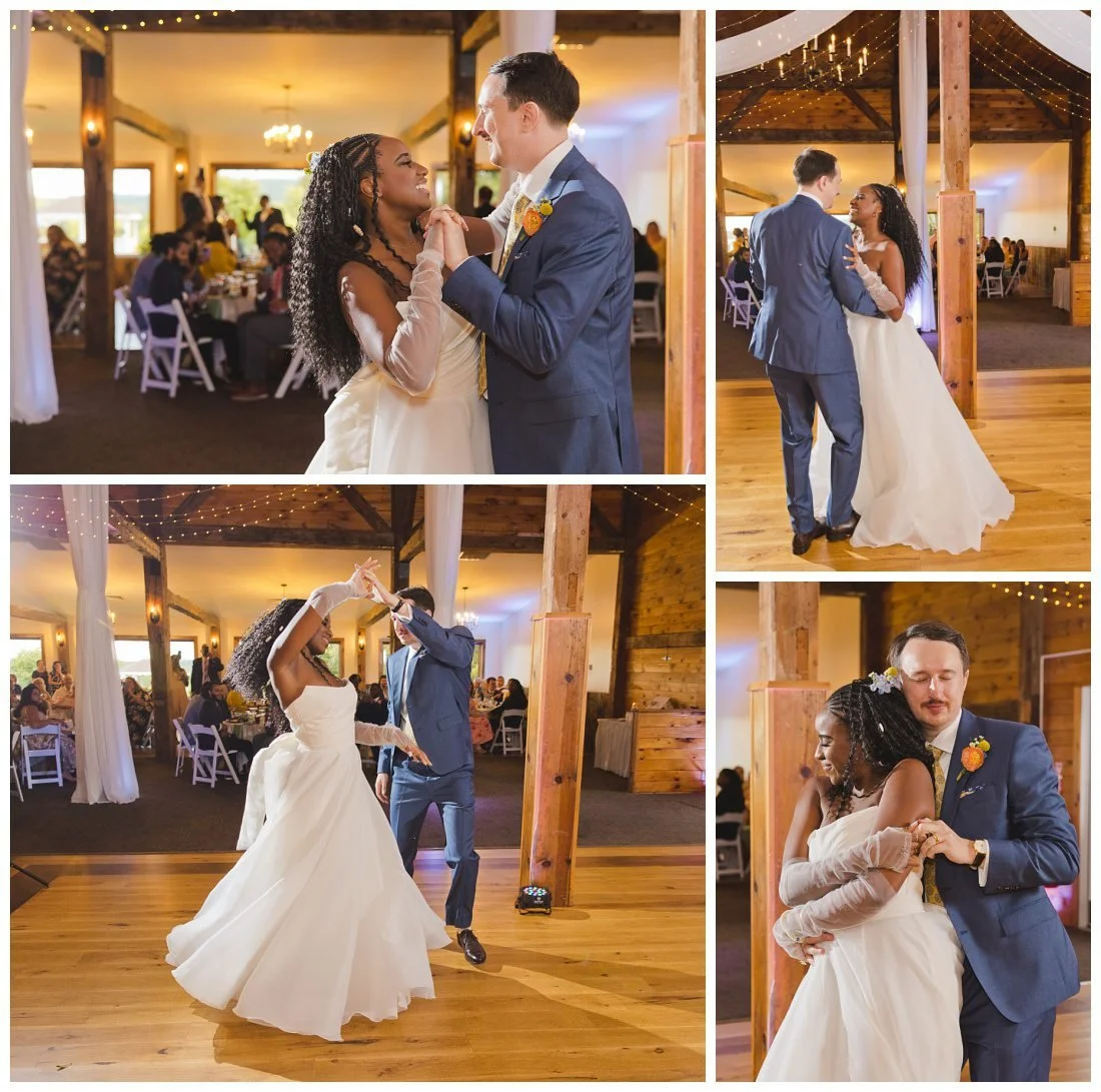 wedding first dance at dell lea, with chandelier cafe lights and white draped fabric over the wooden dance floor