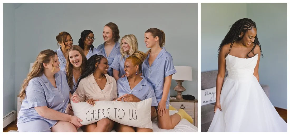 bride and bridesmaids all piled on bed laughing and talking