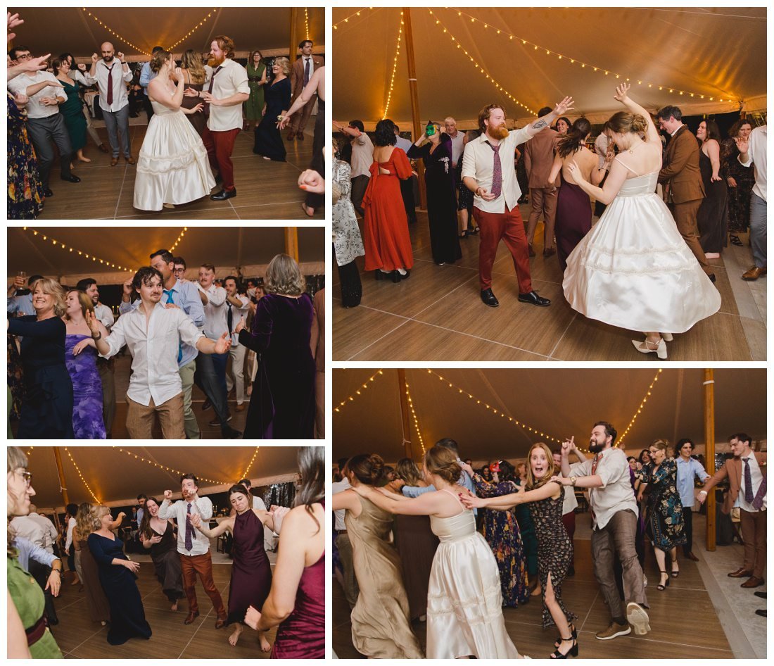 bride in her less formal reception dress dances at wedding reception, guests do conga line