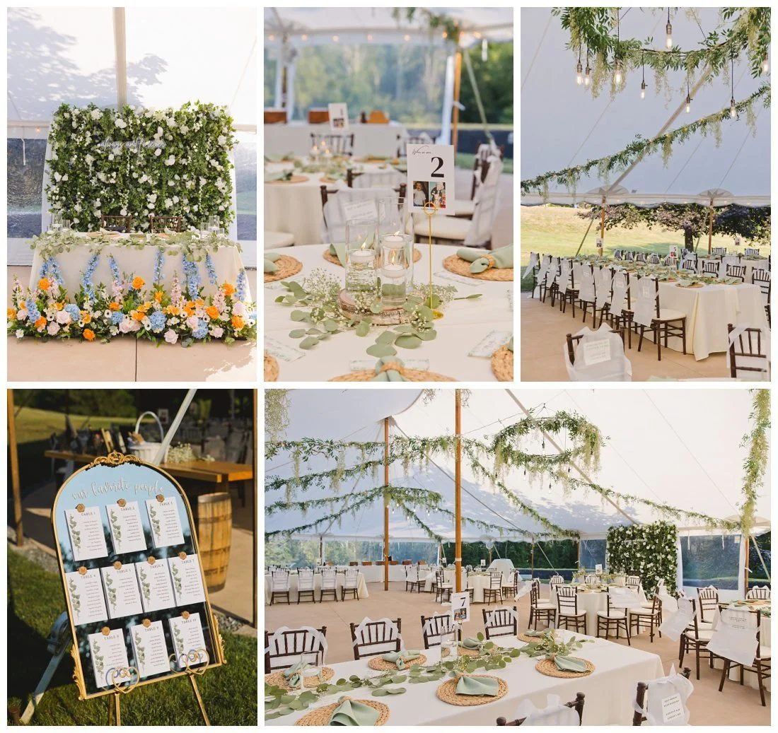 summer wedding at the westbrook inn inside the reception tent lots of greenery and lights