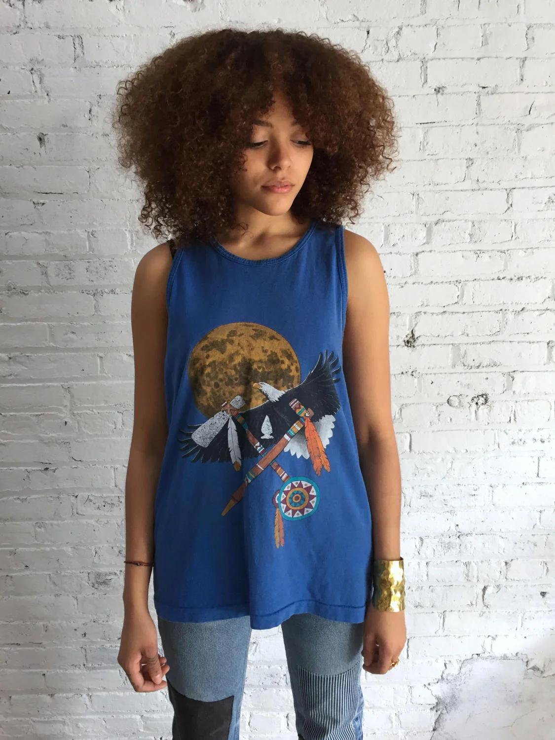 vintage blue tank top with Native American eagle print / 80s blue tank top / festival boho hippy folk