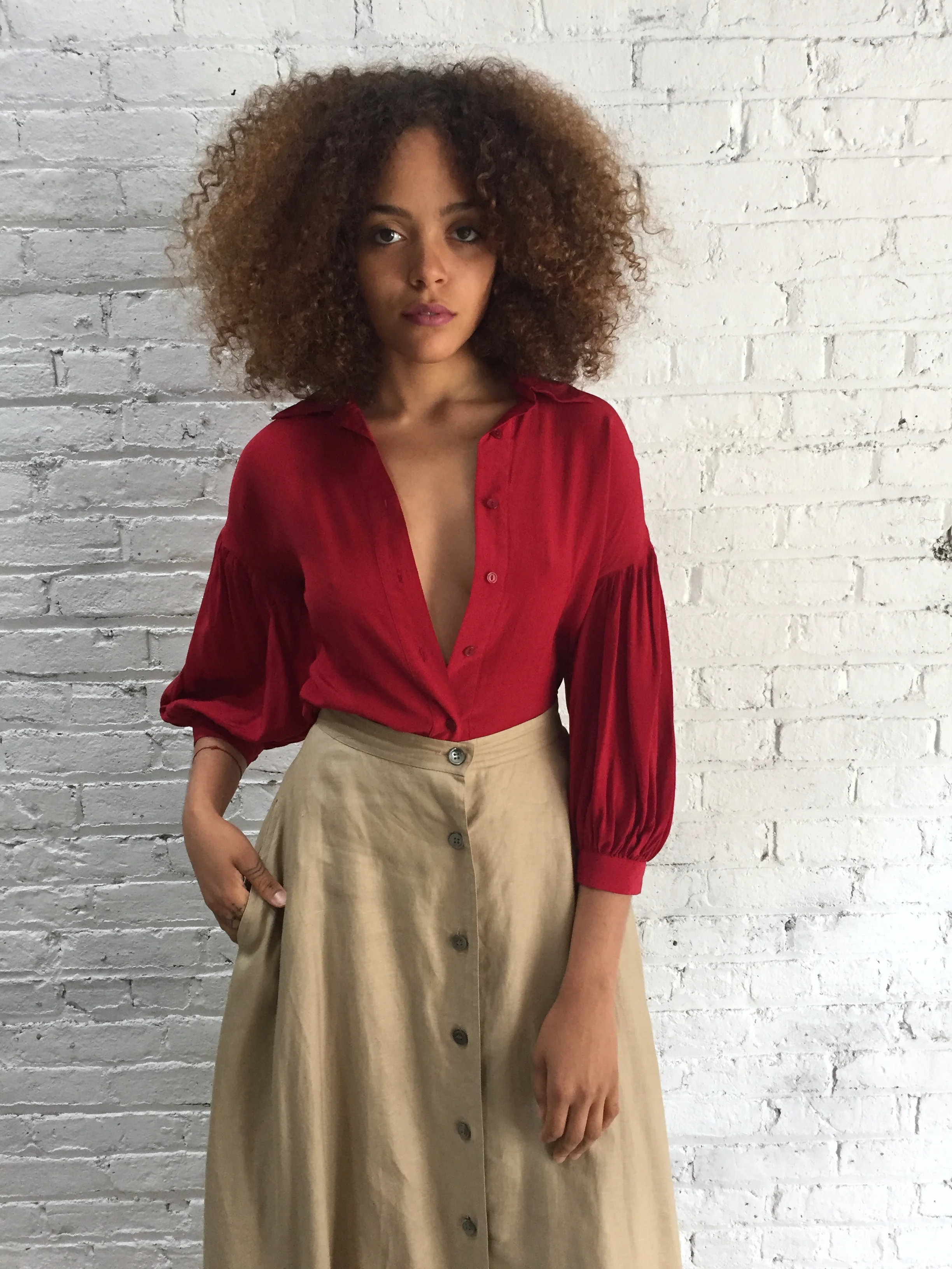 vintage burgundy silk blouse with statement sleeves / cranberry shirt with puff sleeves
