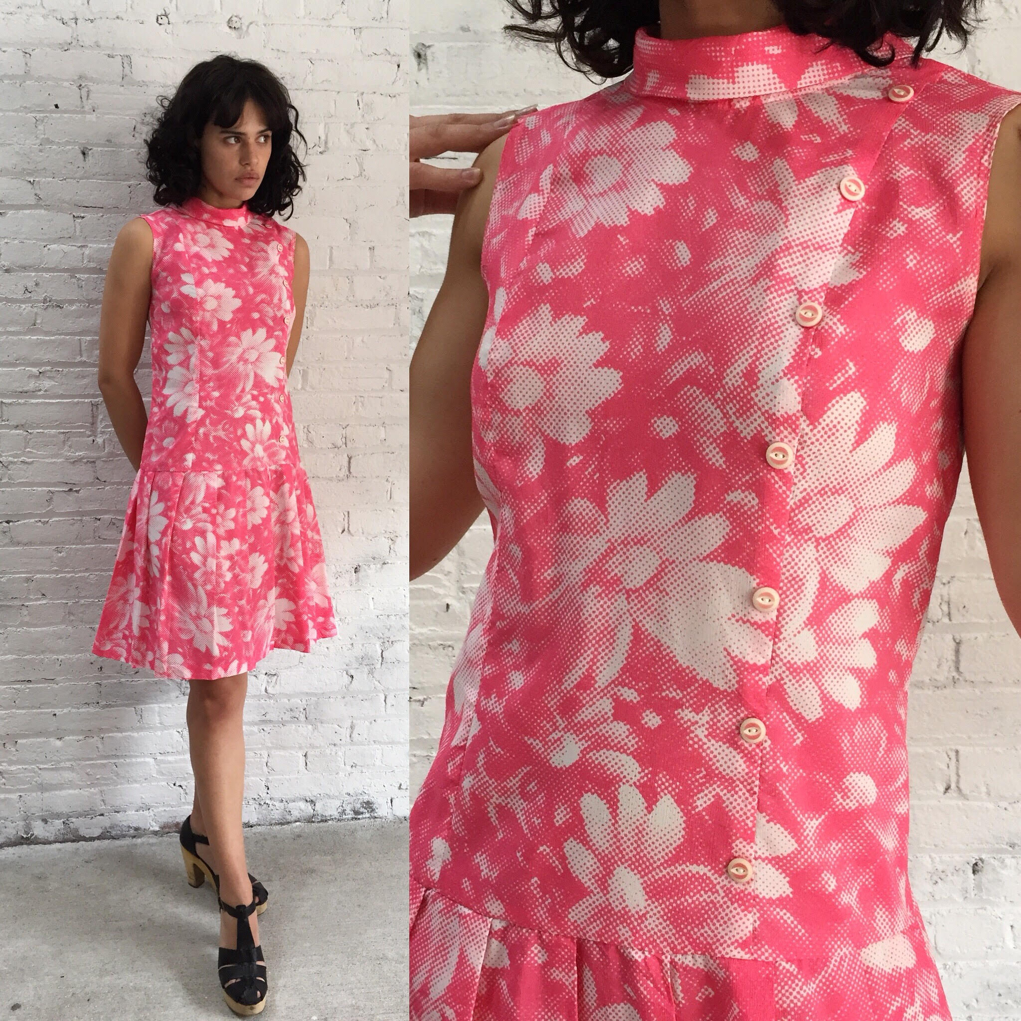 60s mod pop art floral dress / hot pink flower power 1960s dress