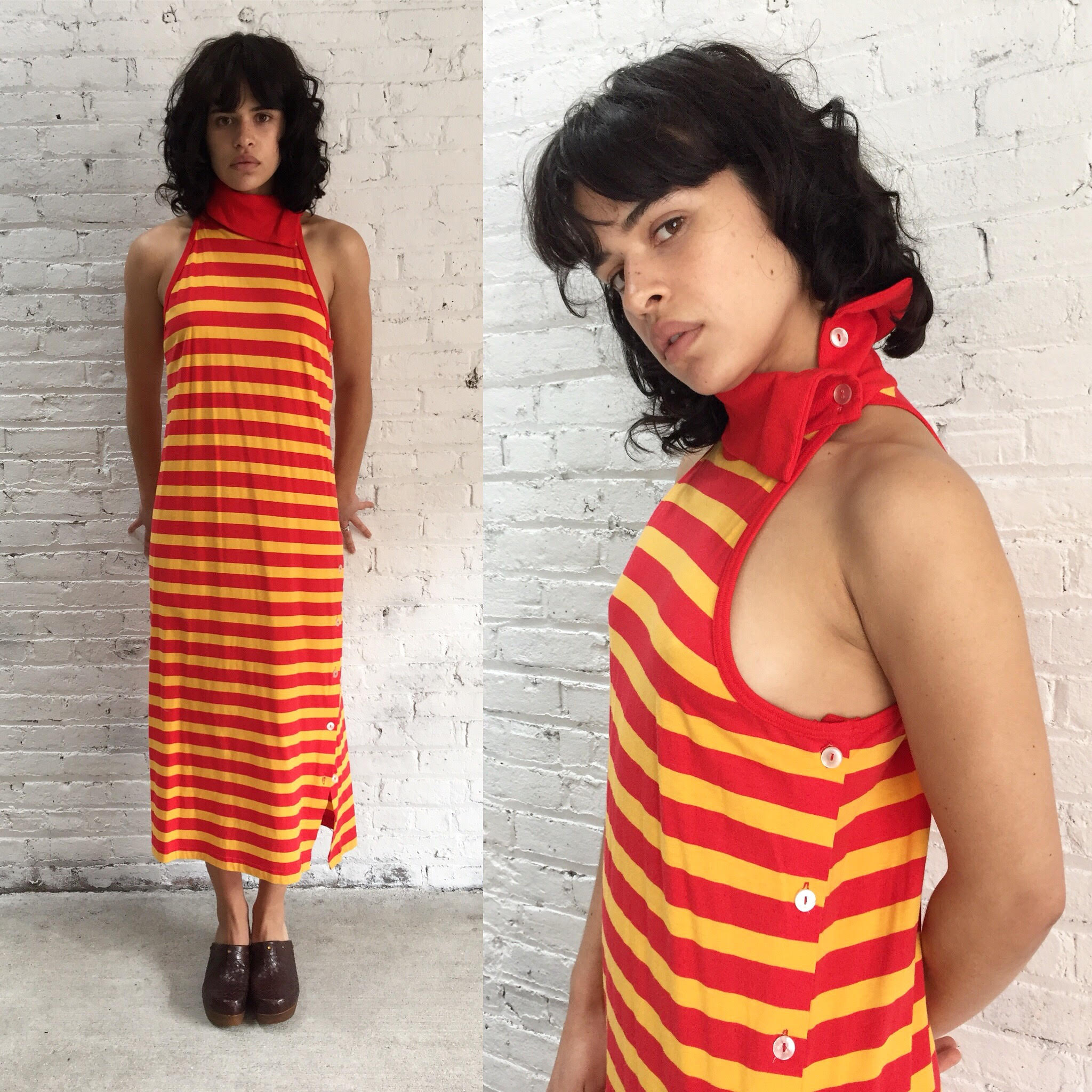 vintage 80s red and yellow striped jersey knit maxi dress