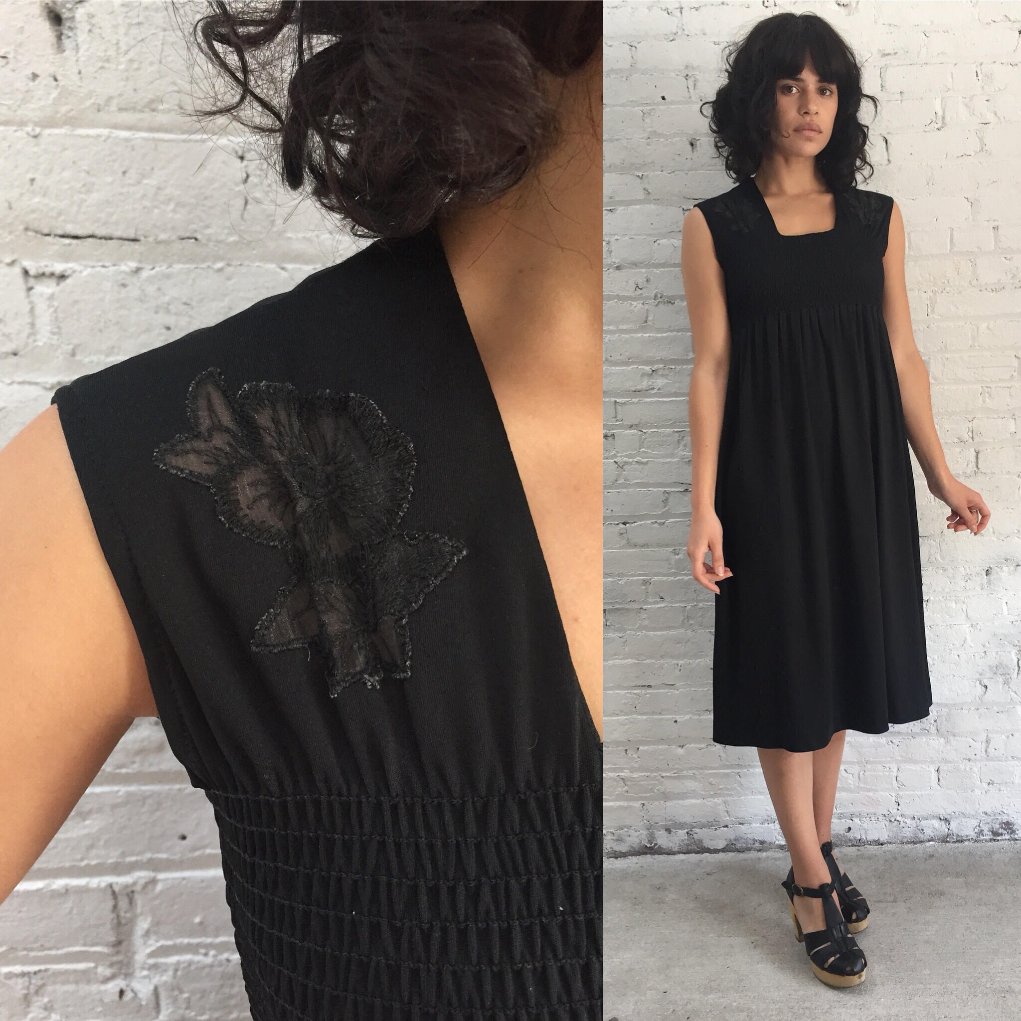 1970s Young Edwardian black prairie dress