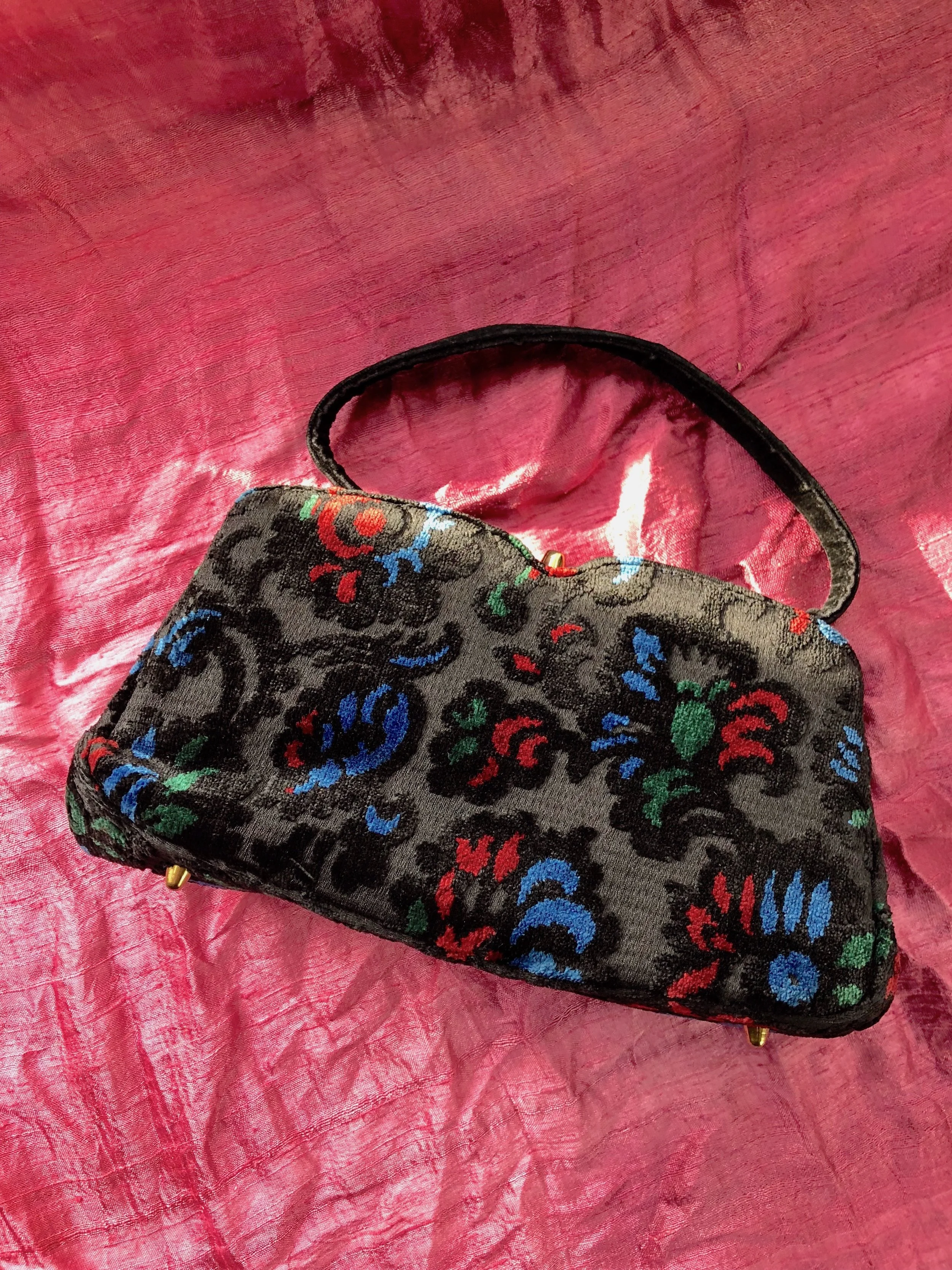 50s black chenille floral tapestry top handle bag