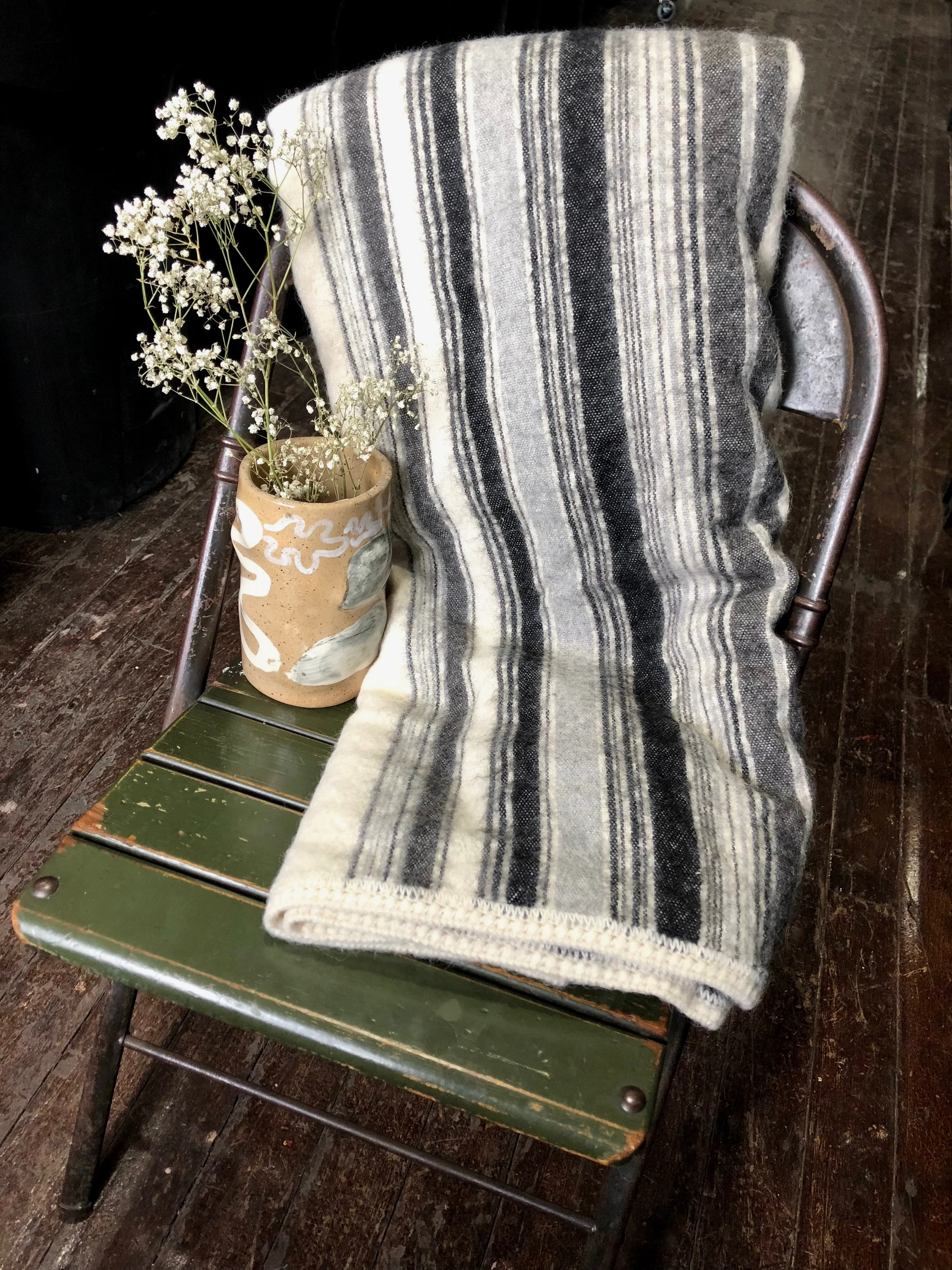 mohair blanket / striped cream gray and black mohair throw