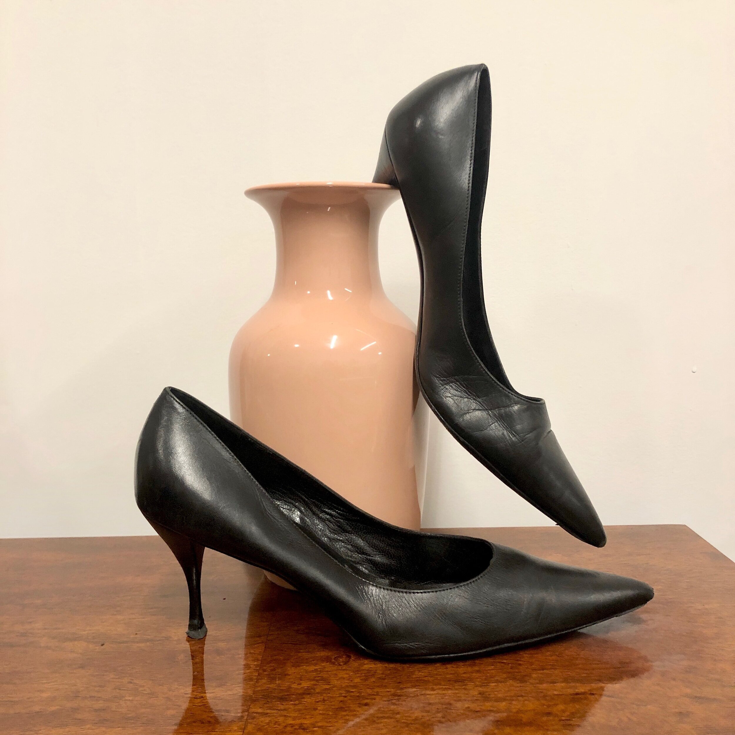 vintage Prada heels / black leather pointy toe stilettos