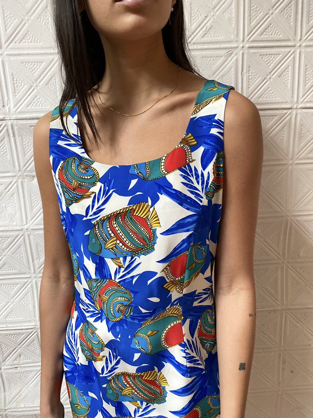 vintage silk tank dress / Spencer Jeremy tropical fish status print  sleeveless dress  Dusty Rose Vintage