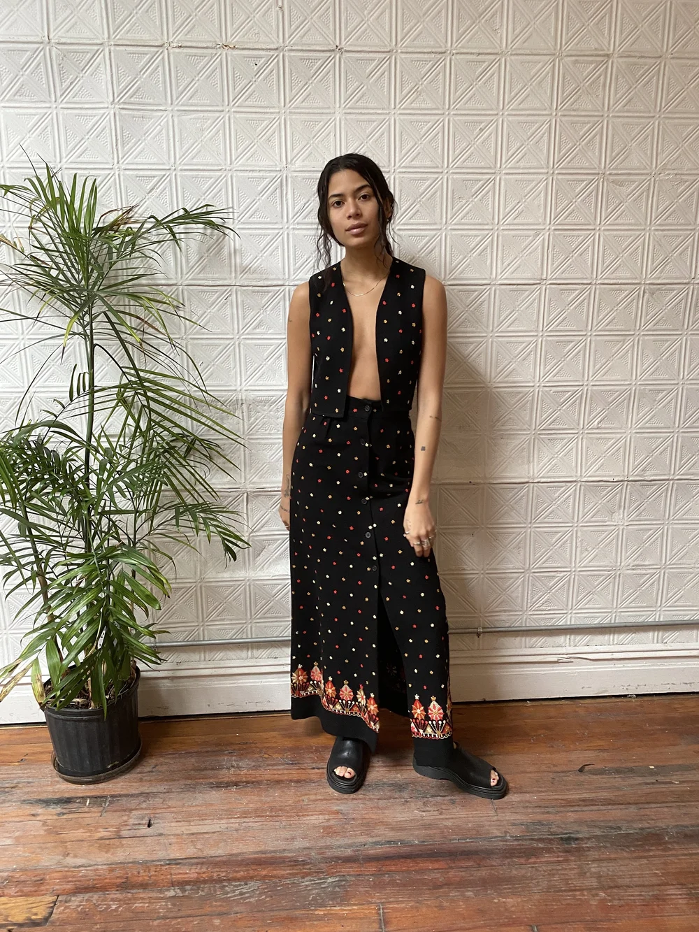 1970s wool skirt set 70s black wool two piece set vest and maxi