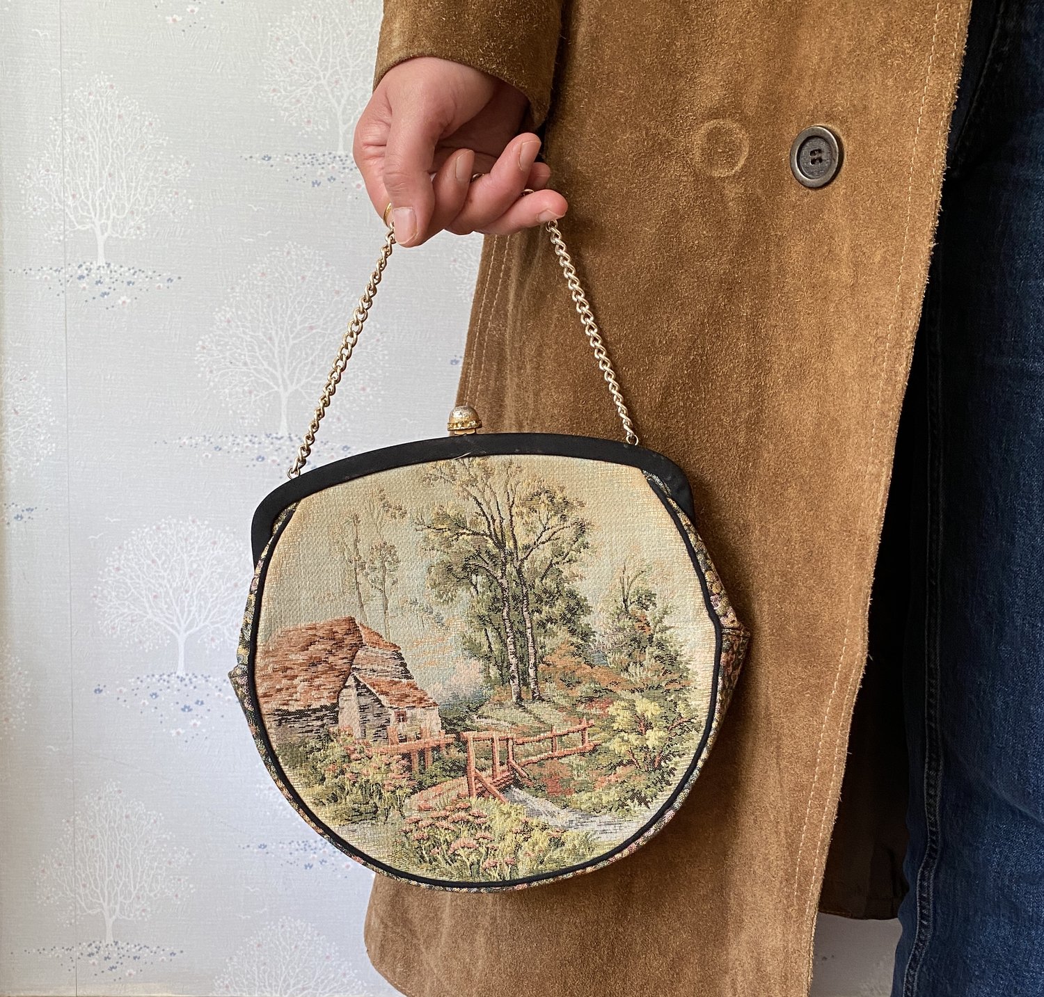 1950s tapestry handbag with chain strap / round top handle lady bag — Dusty  Rose Vintage