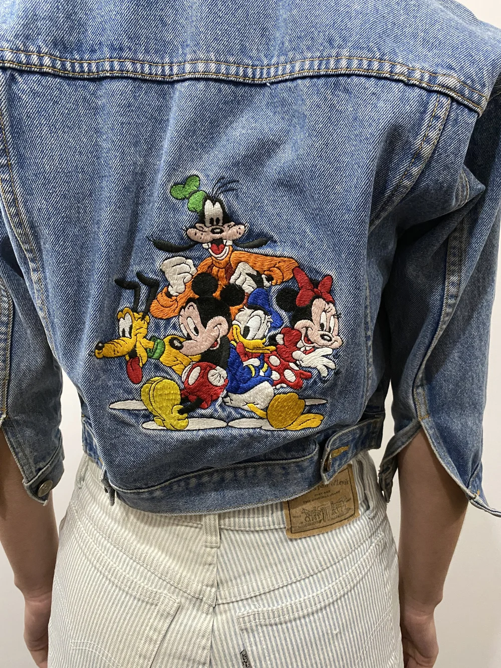 vintage kids shrunken denim jacket / mickey mouse applique