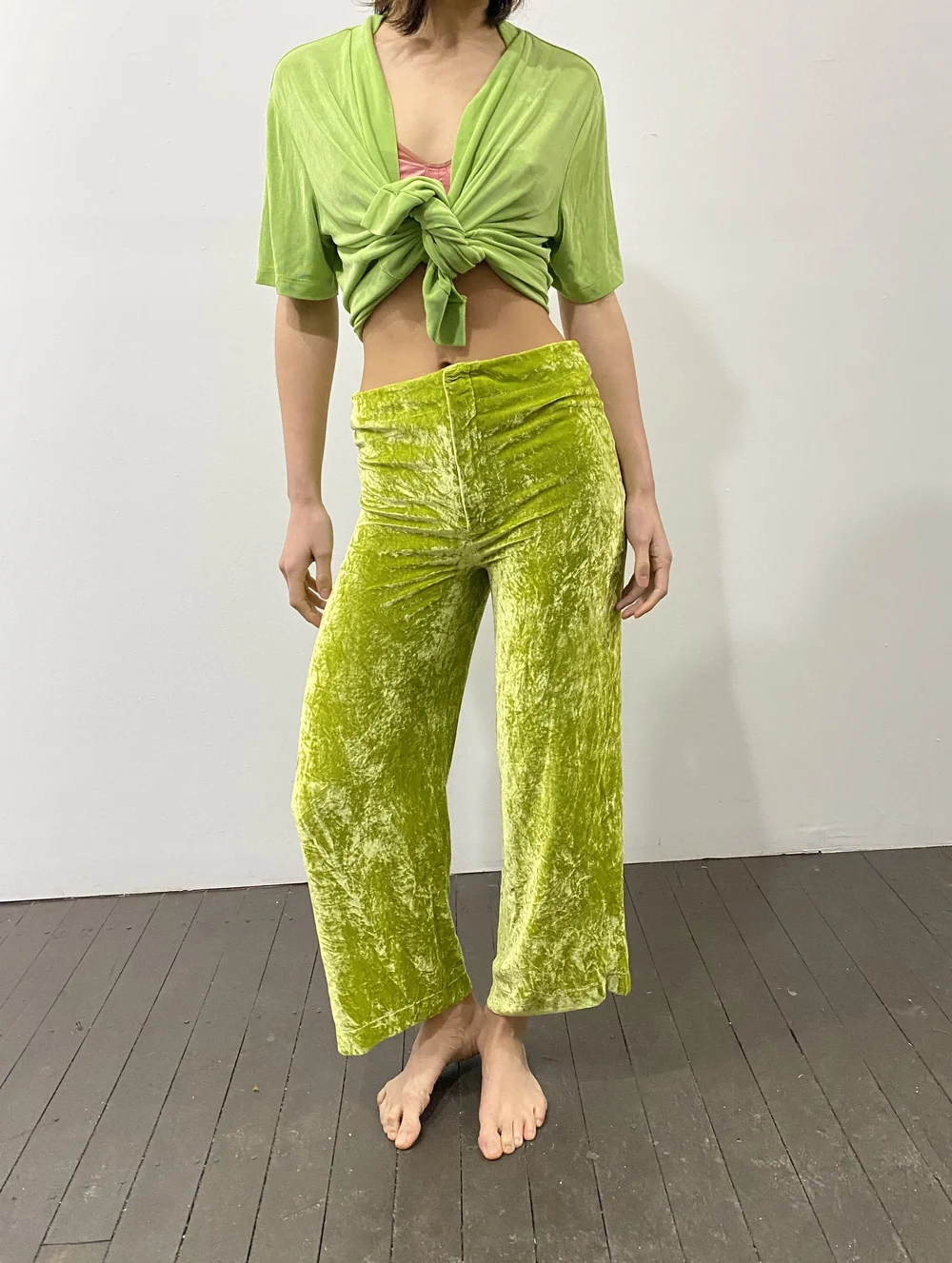vintage wide leg cropped chartreuse crushed velvet pants disco