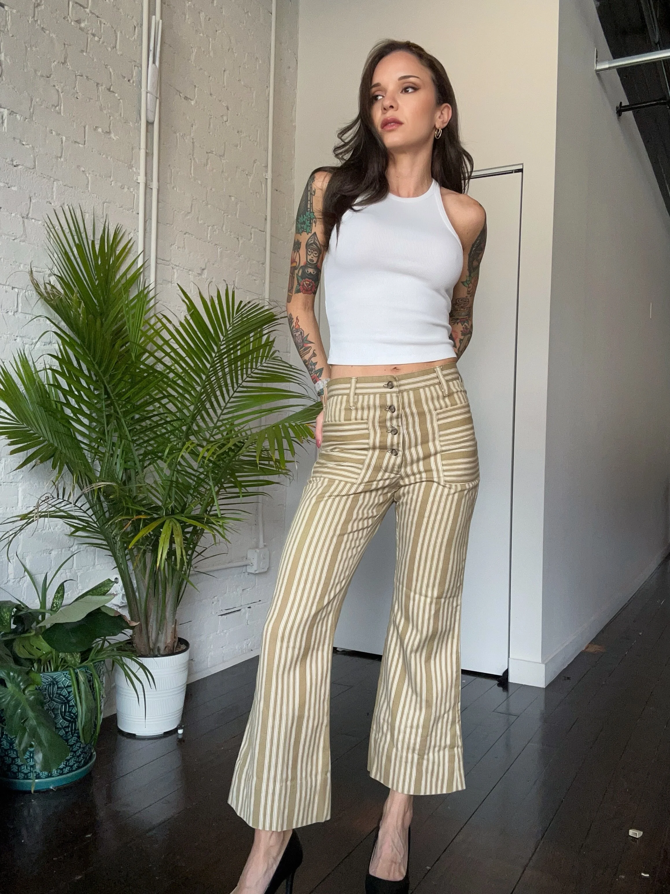 vintage 60s high waist flares / 1960s striped bell bottoms