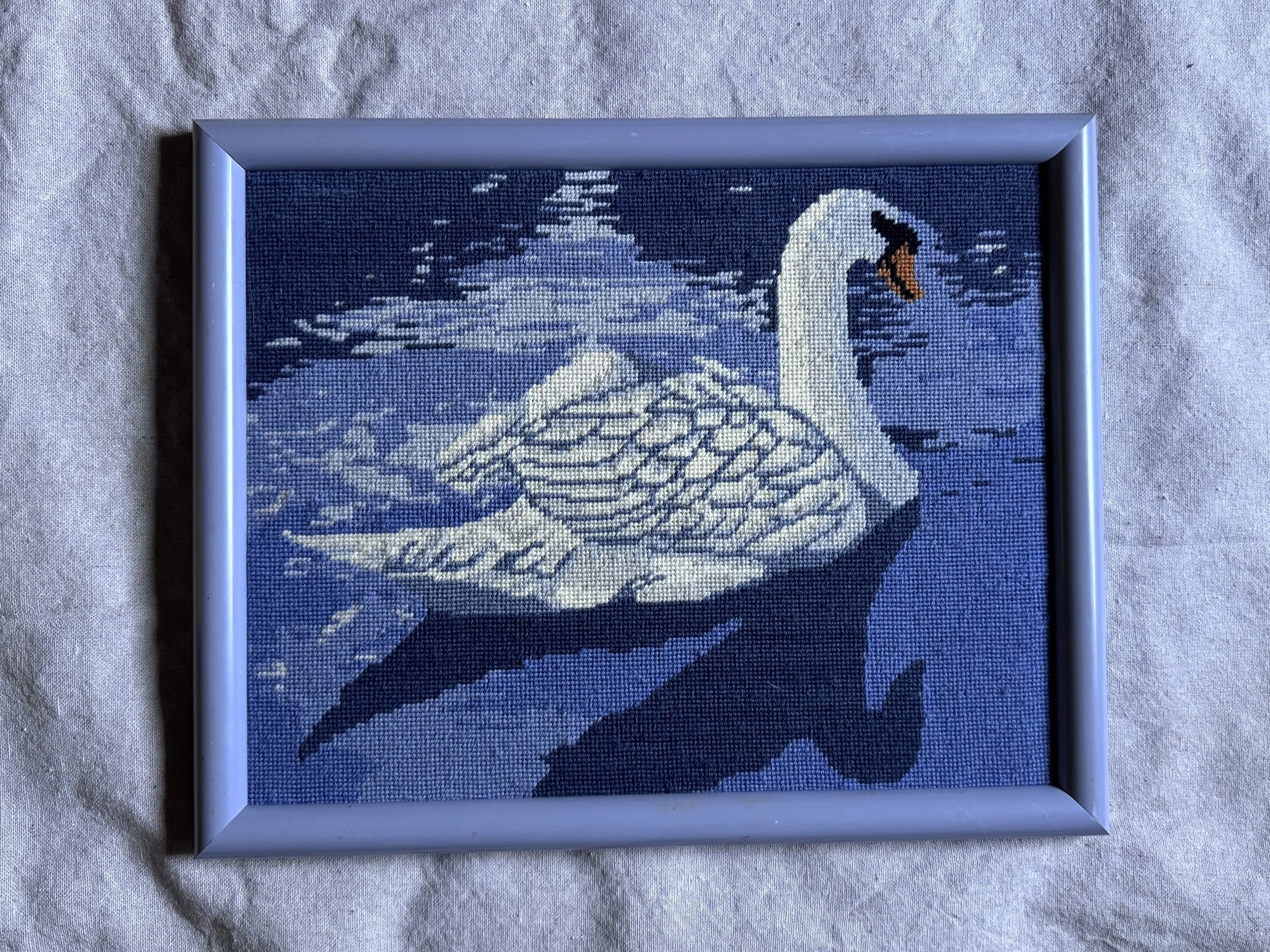 vintage swan framed needlepoint wall art