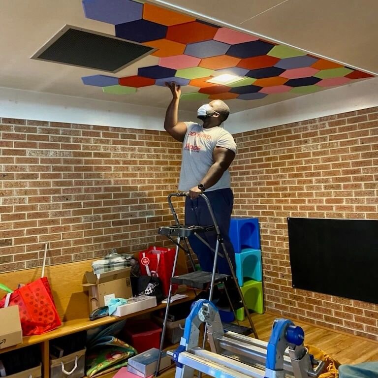 Pray Ground Update:

Sara &amp; Illon were hard at work today installing acoustic tiles to reduce sound. It's looking great!

#PrayGround #episcopal #anglican #catholic #christian #church #wenonah #nj #SouthJersey #GloucesterCounty #FamilyFriendly #w