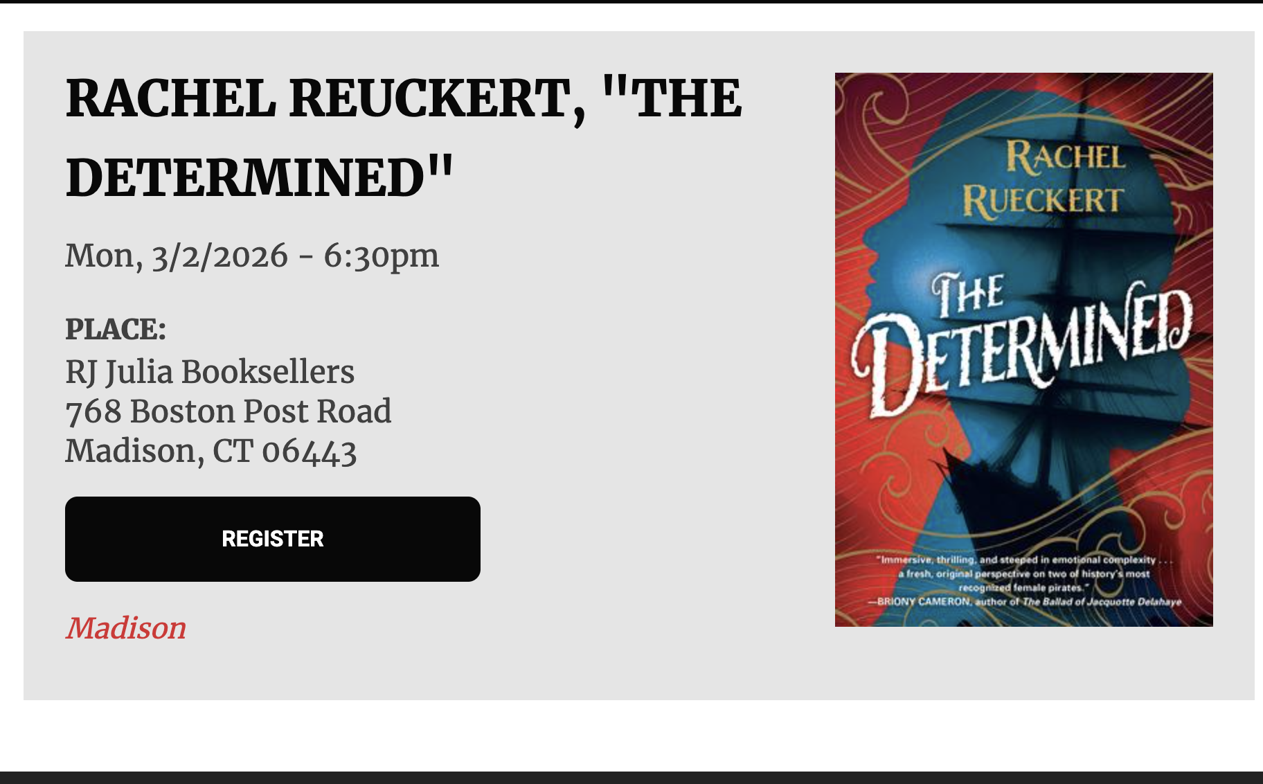 RJ Julia Booksellers Event for THE DETERMINED (Madison, CT)