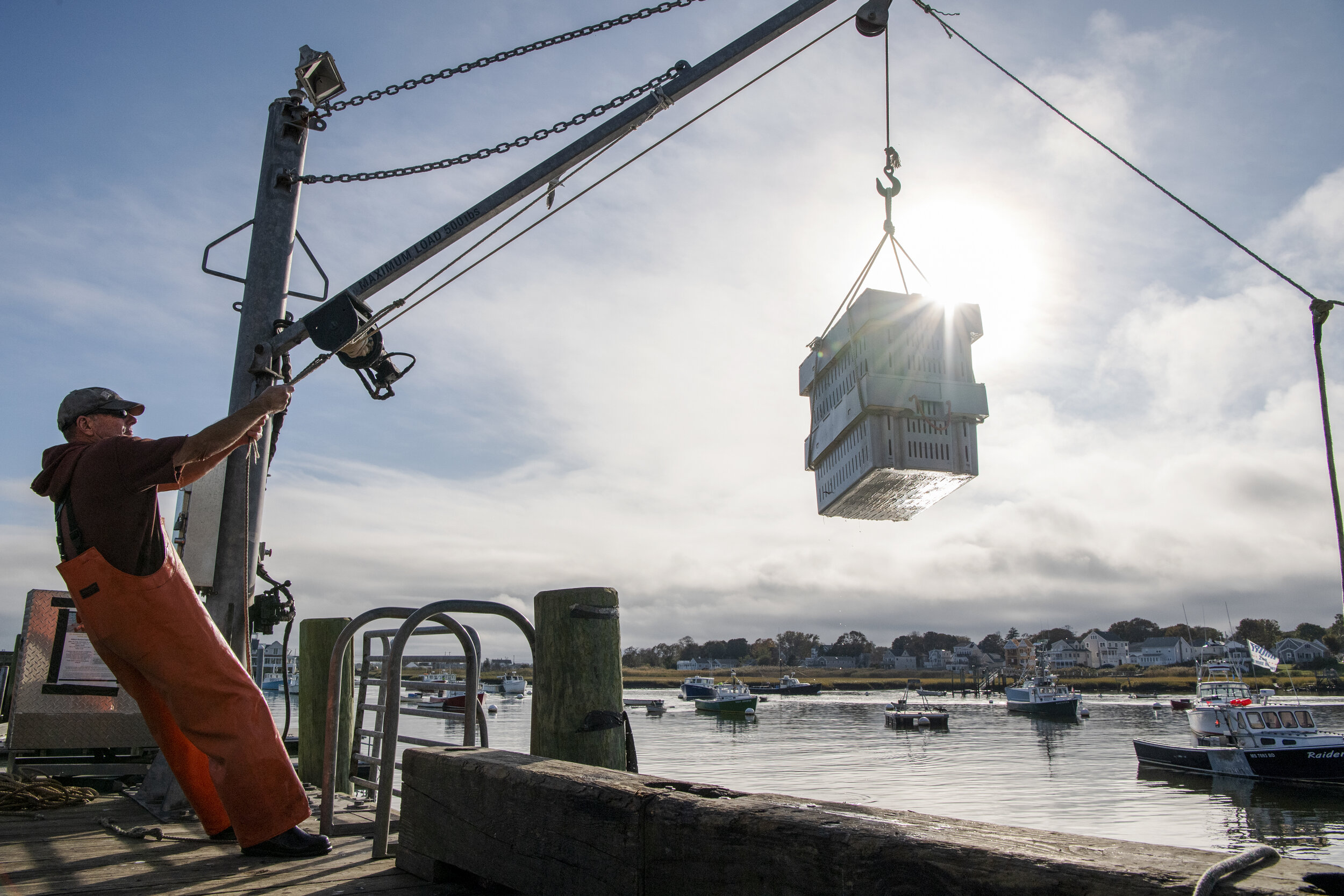 Scott Leddin, of Pembroke, Mass., hoists a container of freshly caught lobster from his boat onto the Green Harbor town pier in Marshfield, Mass.