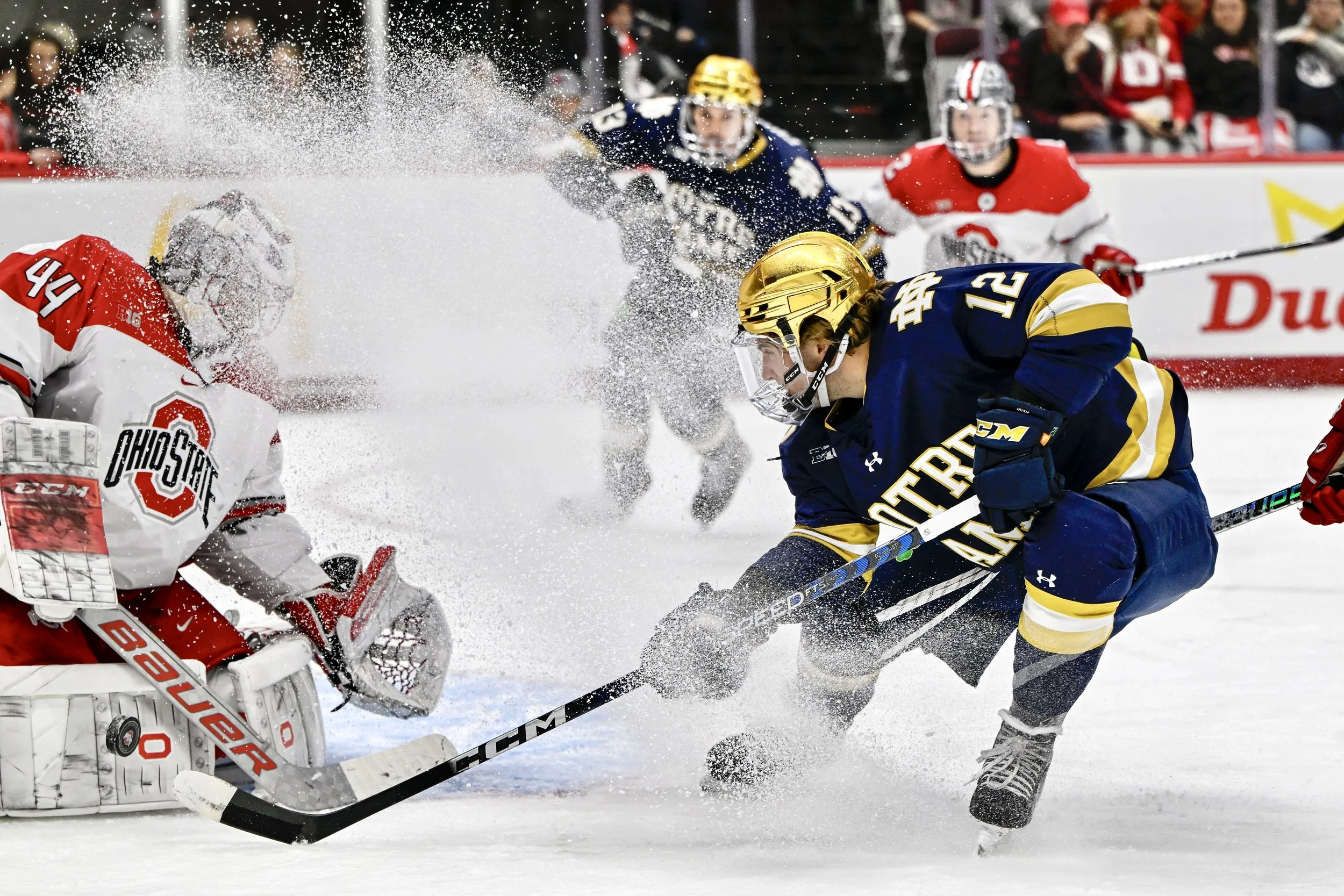 Ohio State goaltender Jakub Dobeš makes a save on a backhand shot from Notre Dame forward Ryder Rolston in the third period at the Schottenstein Center in Columbus, Ohio. 