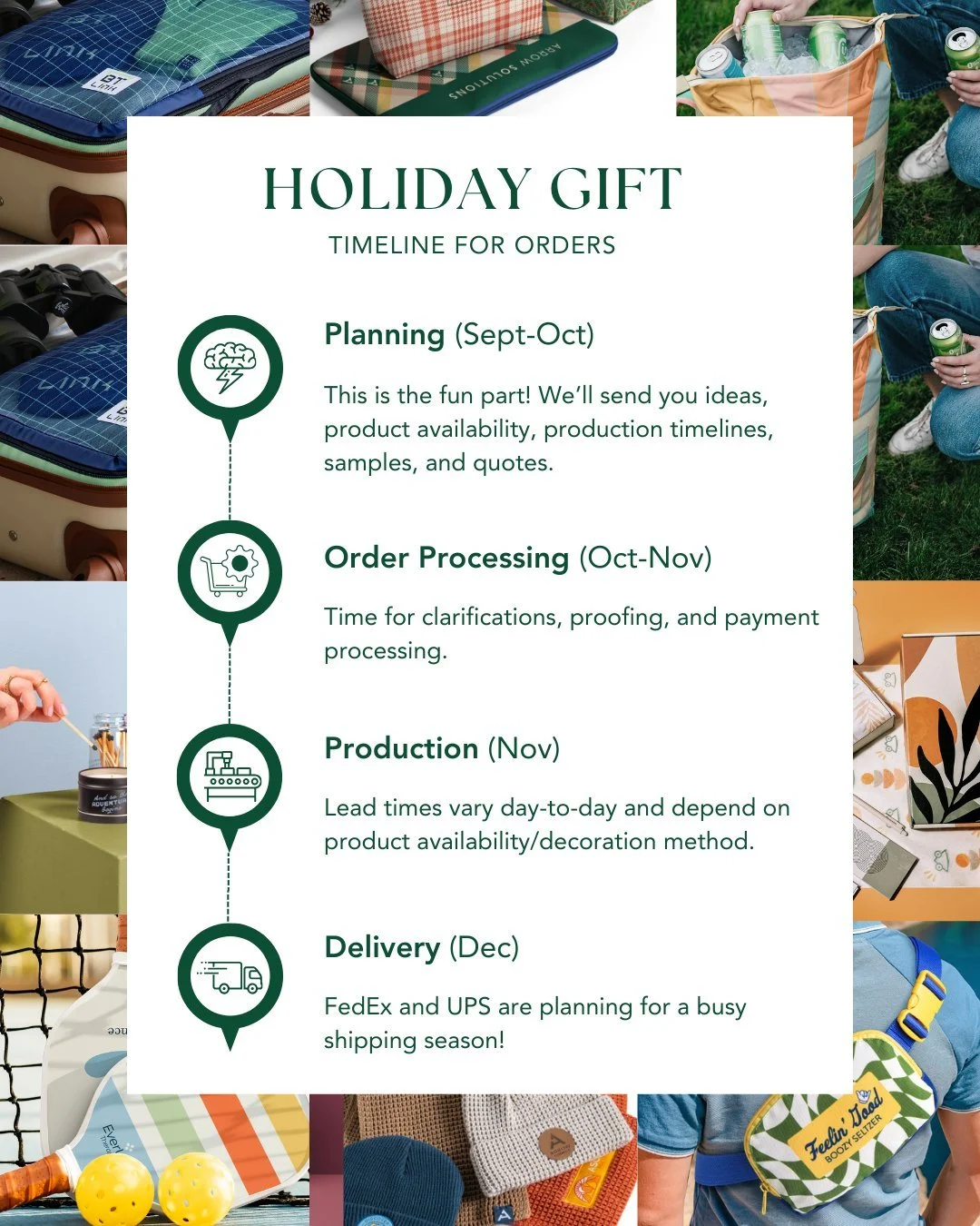 it's time to start planning your holiday gift! we want to make the process as fun + easy as possible, so here's what you can expect for the ordering timeline.

reach out today to get brainstorming! ⭐️
