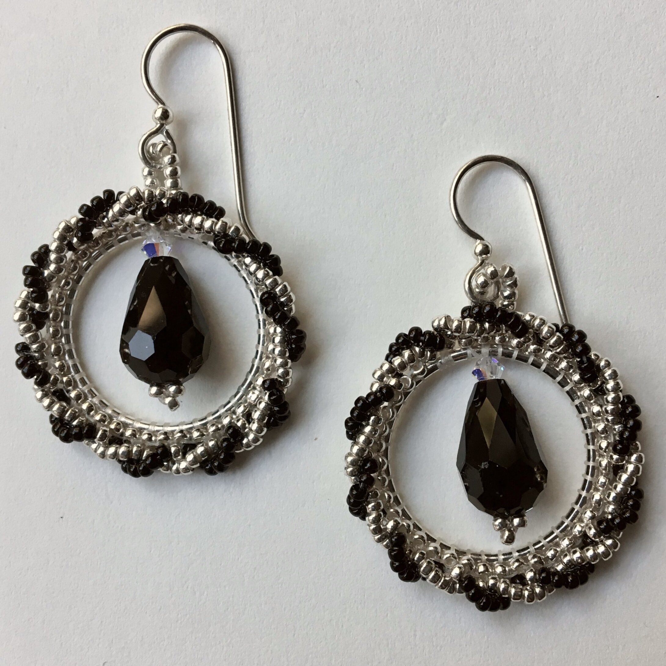 NEW! Twisted Silver and Black Hoops with Jet Crystal Drop Earrings