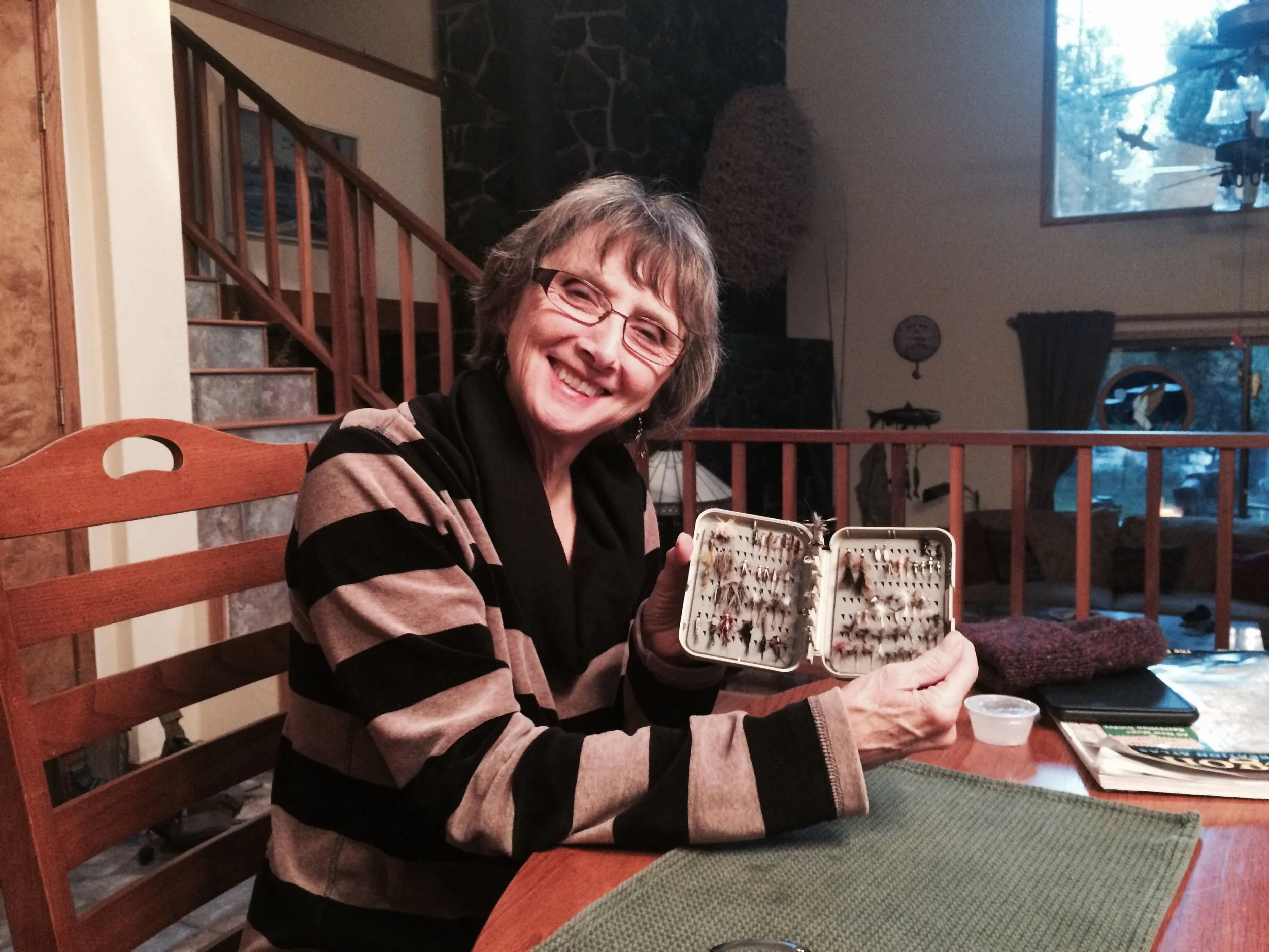 Lynne and her fly collection.jpg