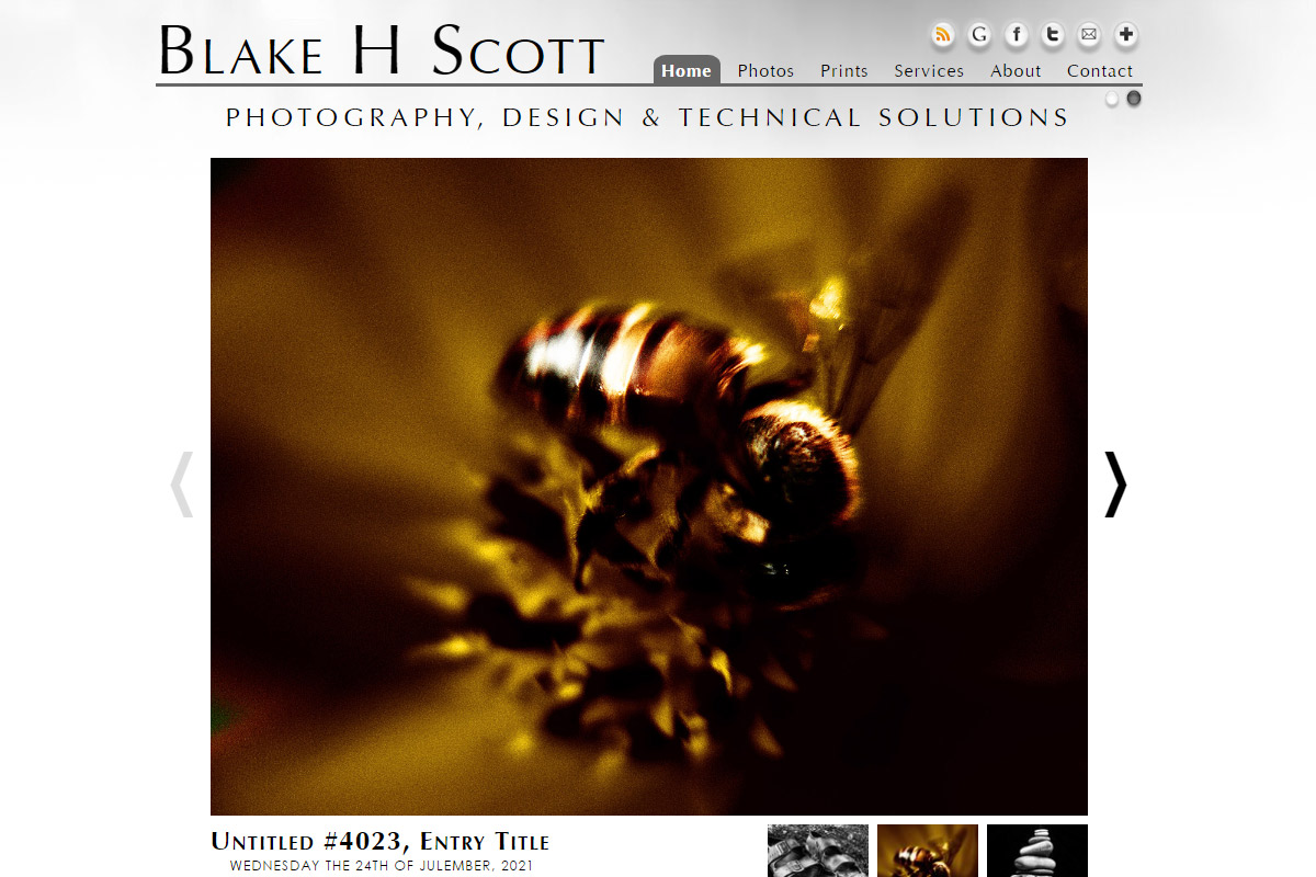 Photo Slideshow, Light. Notice this image and the next image, both depicting the same slideshow. This one with a "light" color scheme, the other with a "dark" color scheme. Visitors could switch styles, and the site would remember their preference.