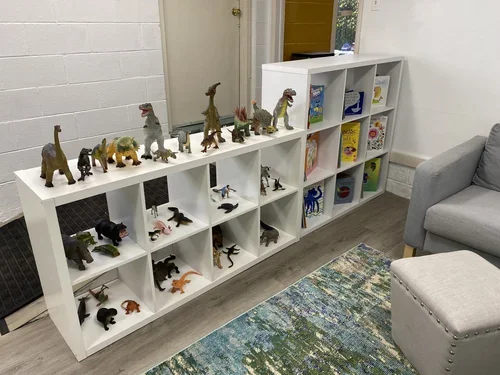 White bookshelf with dinosaur figurines on top, colorful children's books in cubbies, gray sofa, patterned rug, and white brick wall.