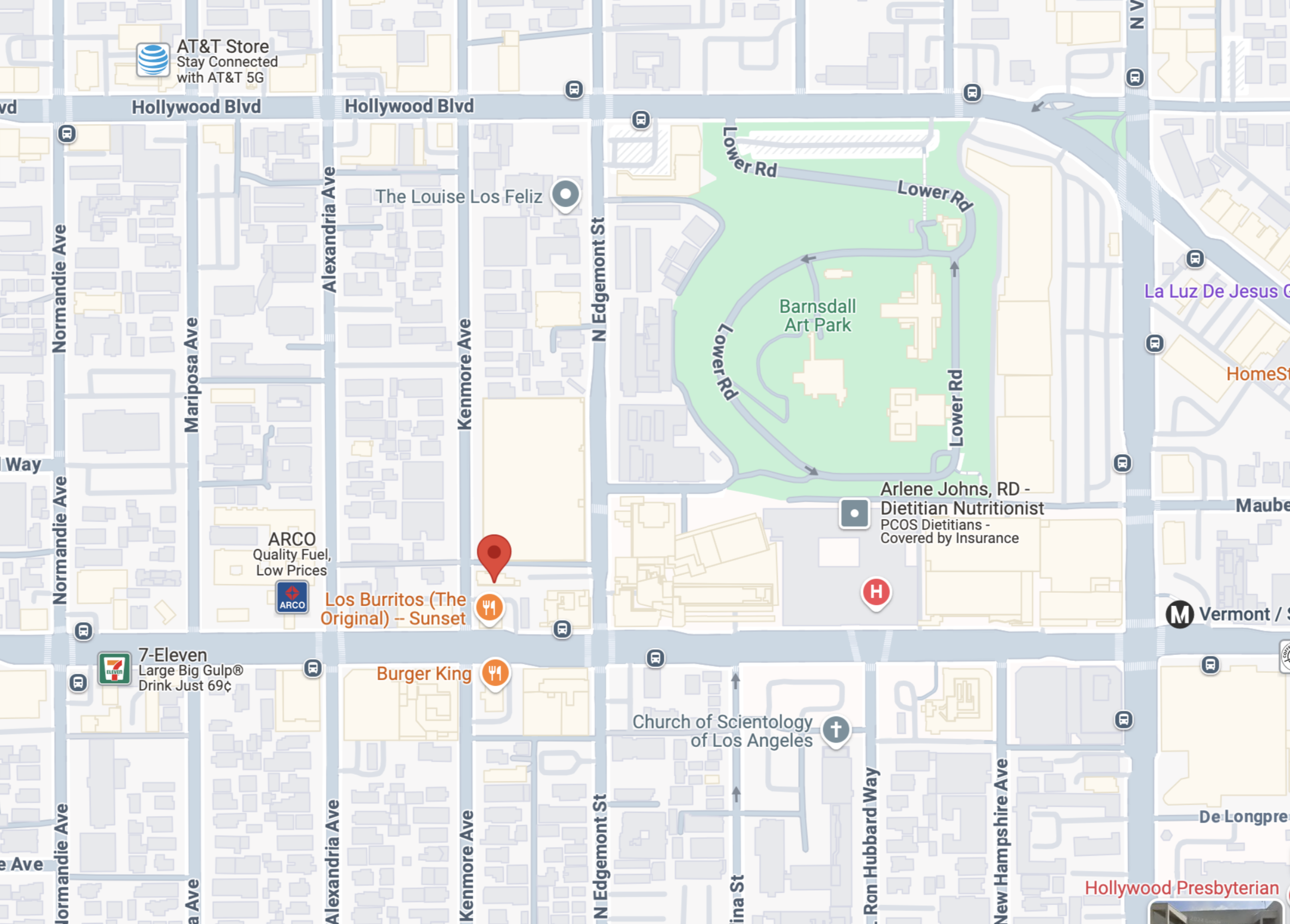 Map showing streets, businesses, parks, and landmarks in Los Angeles area, including Hollywood Blvd, Barnsdall Art Park, and several fast-food restaurants like Burger King and Los Burritos.