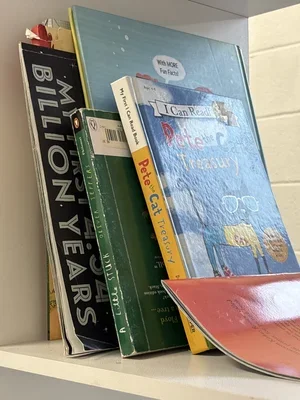 A collection of children's books upright on a white shelf, including titles such as 'Billy Yarns!', 'Oliver Stuck', 'I Can Read', 'Pete the Cat', and 'My First I Can Read Book'.