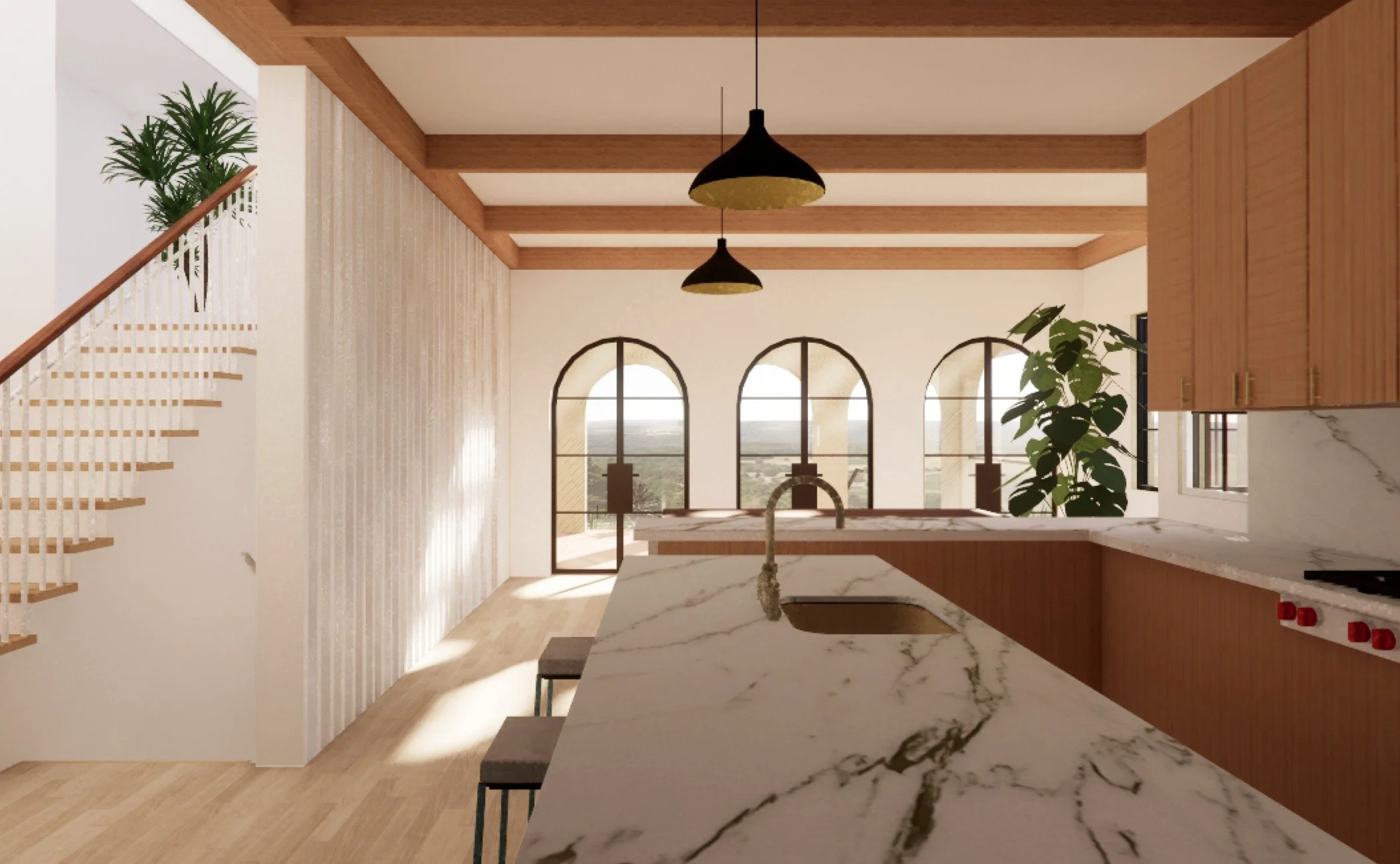 Peninsula Mediterranean Renderings

San Mateo, CA

This house will be reinvented through a new procession of arched openings and natural light - with skylit hallways, a central stair-hall, and a painted wooden screen-wall framing a beautiful open kit