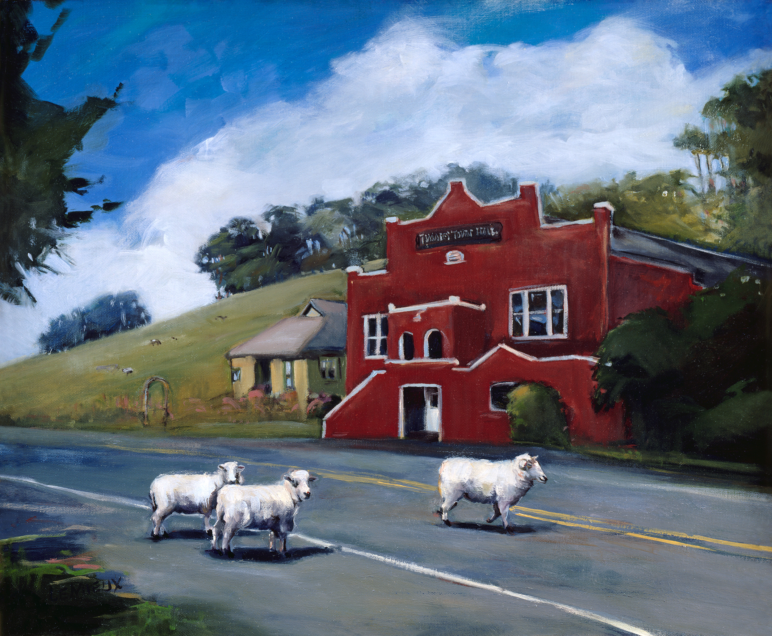 Kathryn LeMieux, Tomales Town Hall with Sheep , 2005 This iconic painting of the Tomales Town Hall was donated by local artist Kathryn LeMieux to help kickstart a new era of renovations in 2005. As we approach our 150th anniversary, these efforts have shifted into high gear. Please join Kathryn and other generous donors and support the Hall's rejuvenation . Contribute what you can!