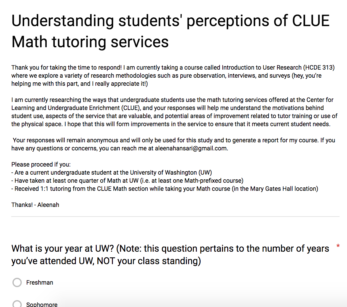 Screenshot of my survey introduction text.
