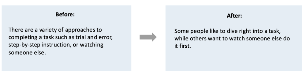 A before-and-after of some text I wrote to explain different learning styles