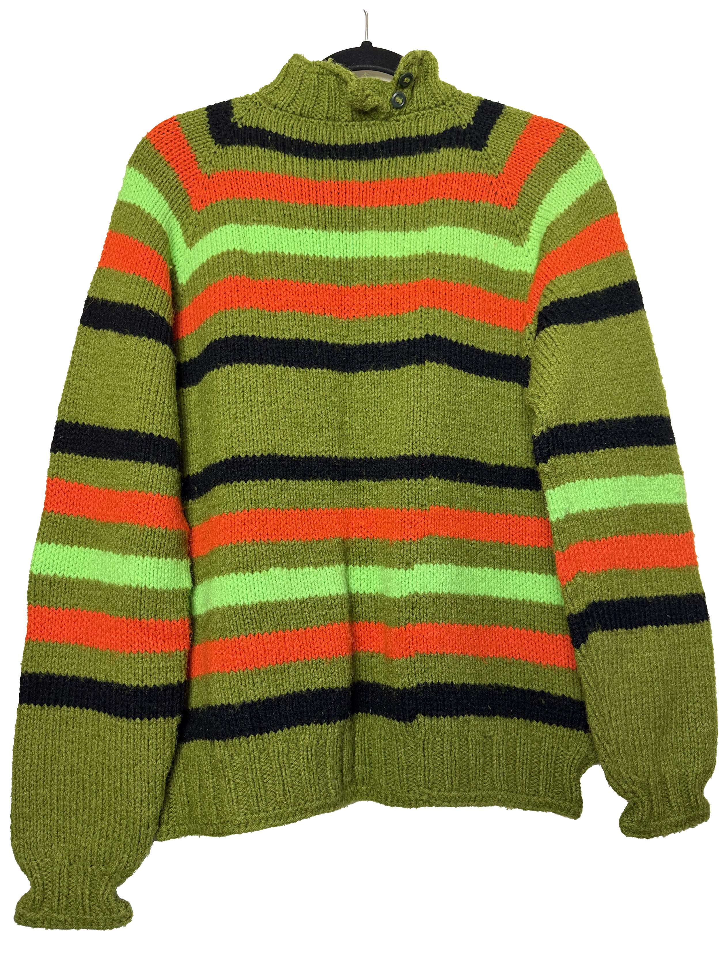 Vintage Neon Orange and Green Striped Knit Pullover Sweater