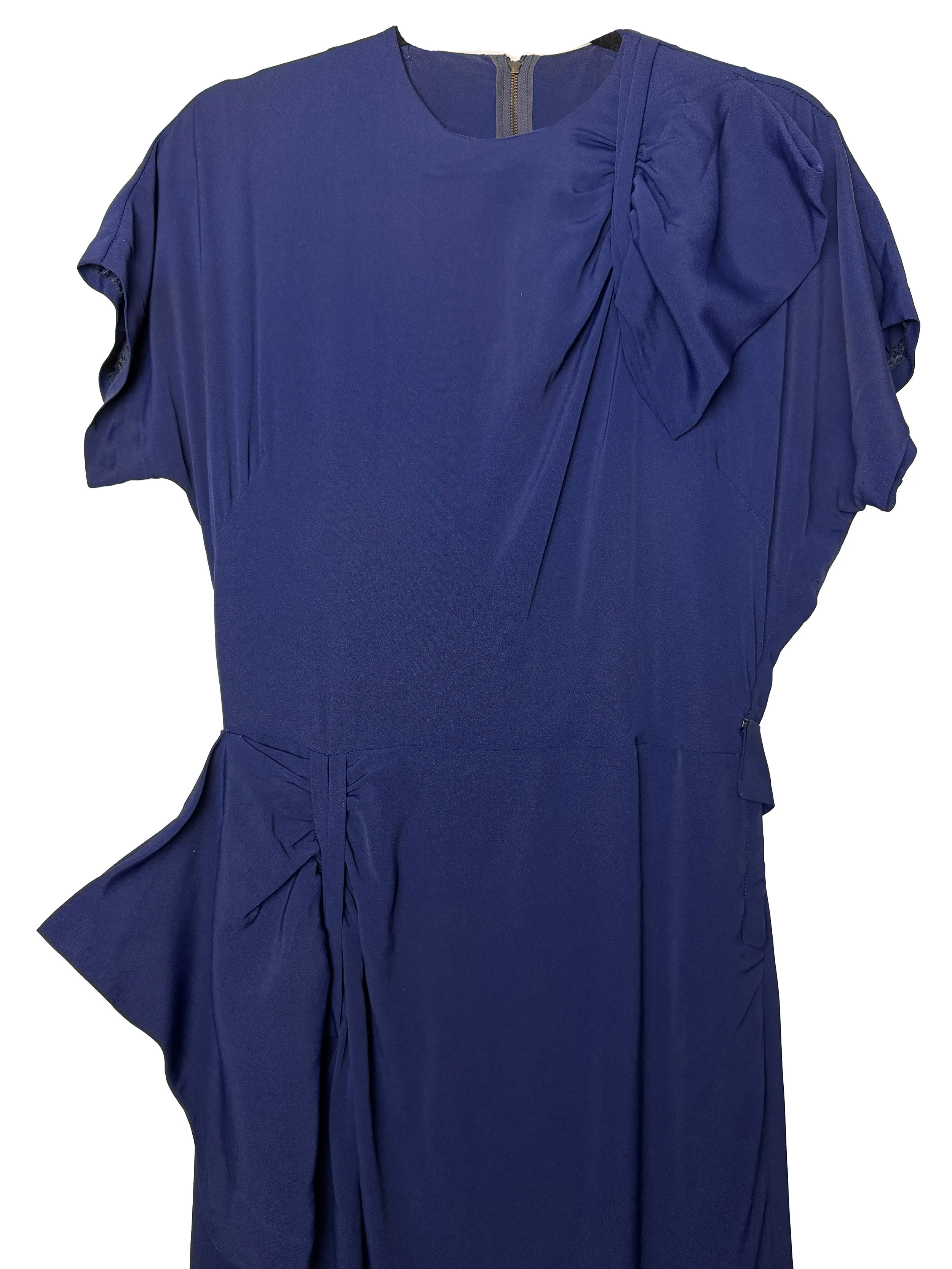 Vintage 1940's Blue Asymmetrical Bow Ruched Cocktail Dress