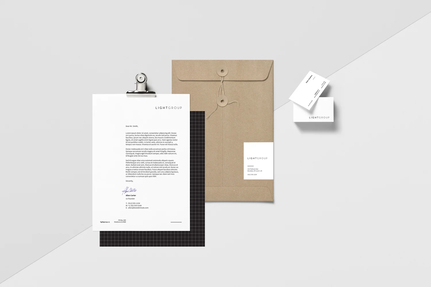 Minimalist branding created for hospitality company Light Group. The design of the logo and corporate stationery roll out focuses on well executed typography and minimalist graphic elements to create a clean and striking brand identity.