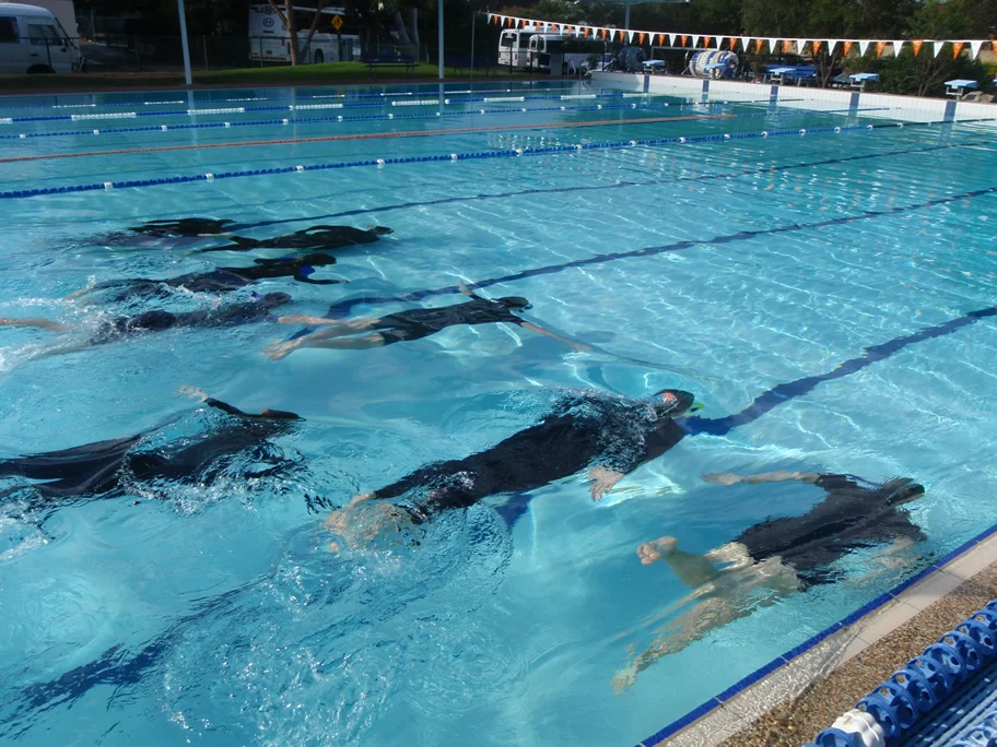 Students compare effectiveness of swimming without equipment with wearing equipment.
